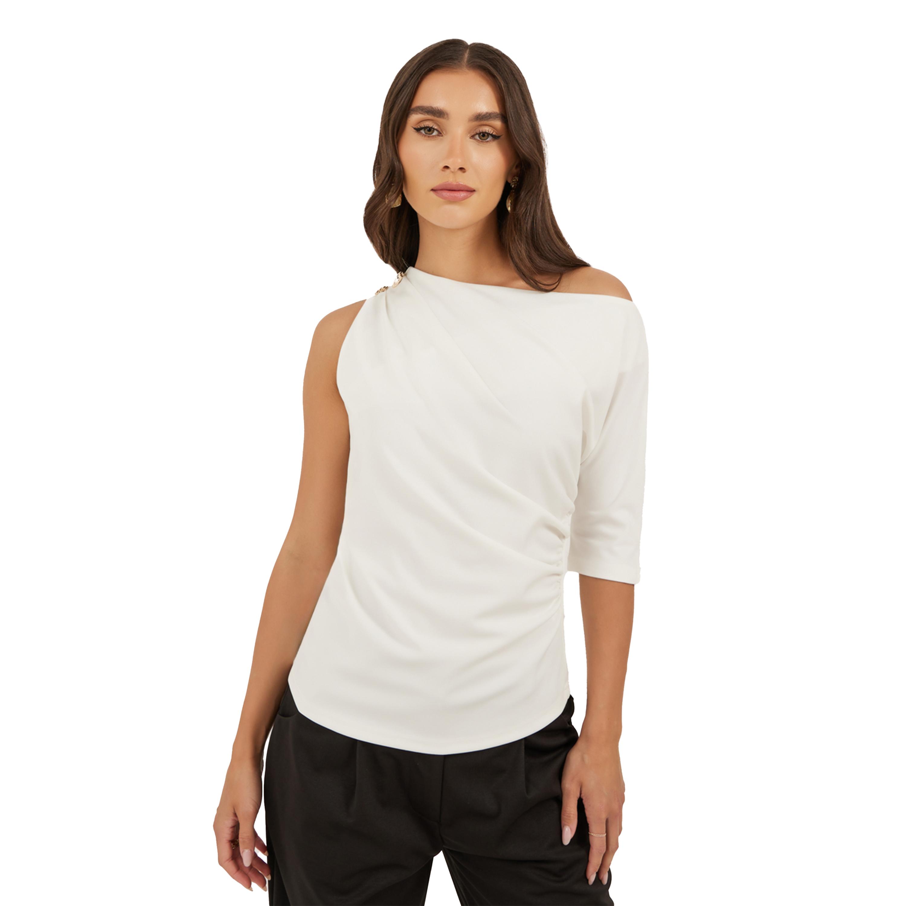 Styli Ruched Asymmetric Neckline Fitted Top-women-clothing-shirtsandblouses-blouses-image-2