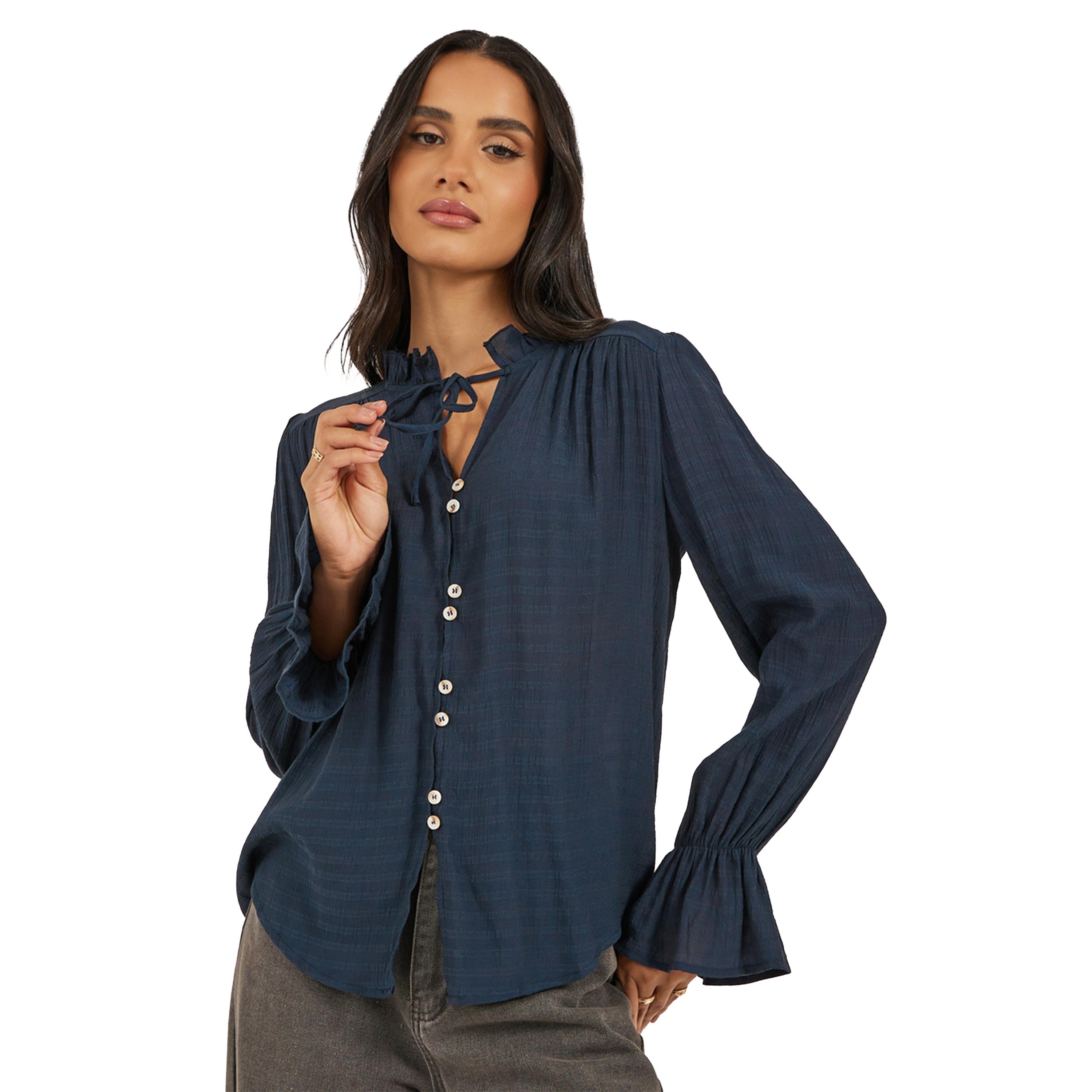Styli Self Design Button Down Top with Tie Detail-women-clothing-shirtsandblouses-blouses-image-1