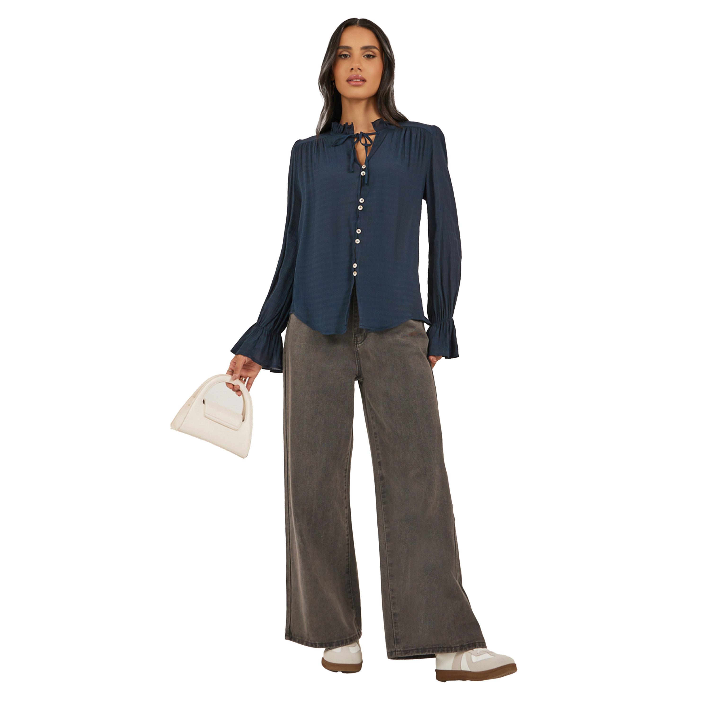 Styli Self Design Button Down Top with Tie Detail-women-clothing-shirtsandblouses-blouses-image-2
