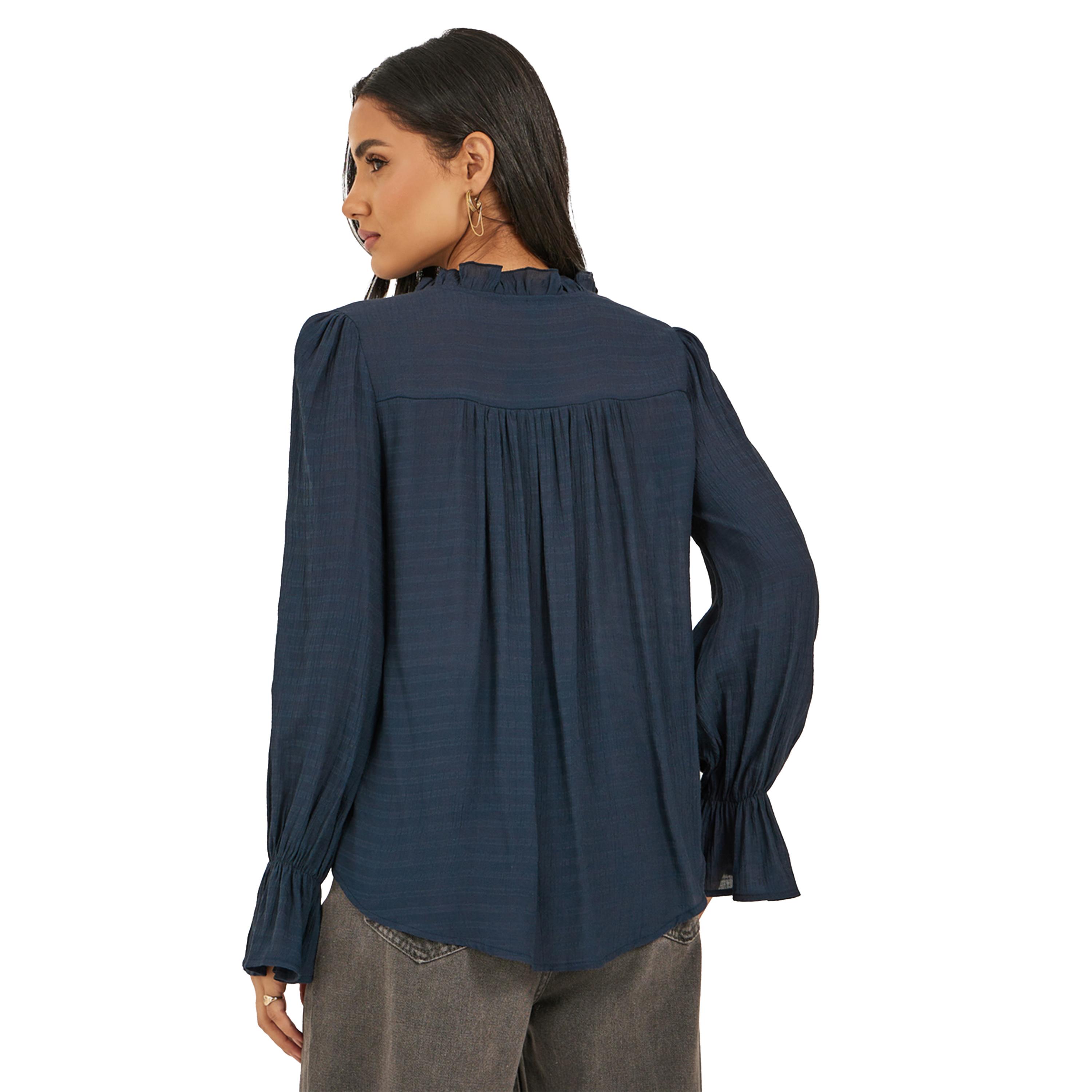 Styli Self Design Button Down Top with Tie Detail-women-clothing-shirtsandblouses-blouses-image-4