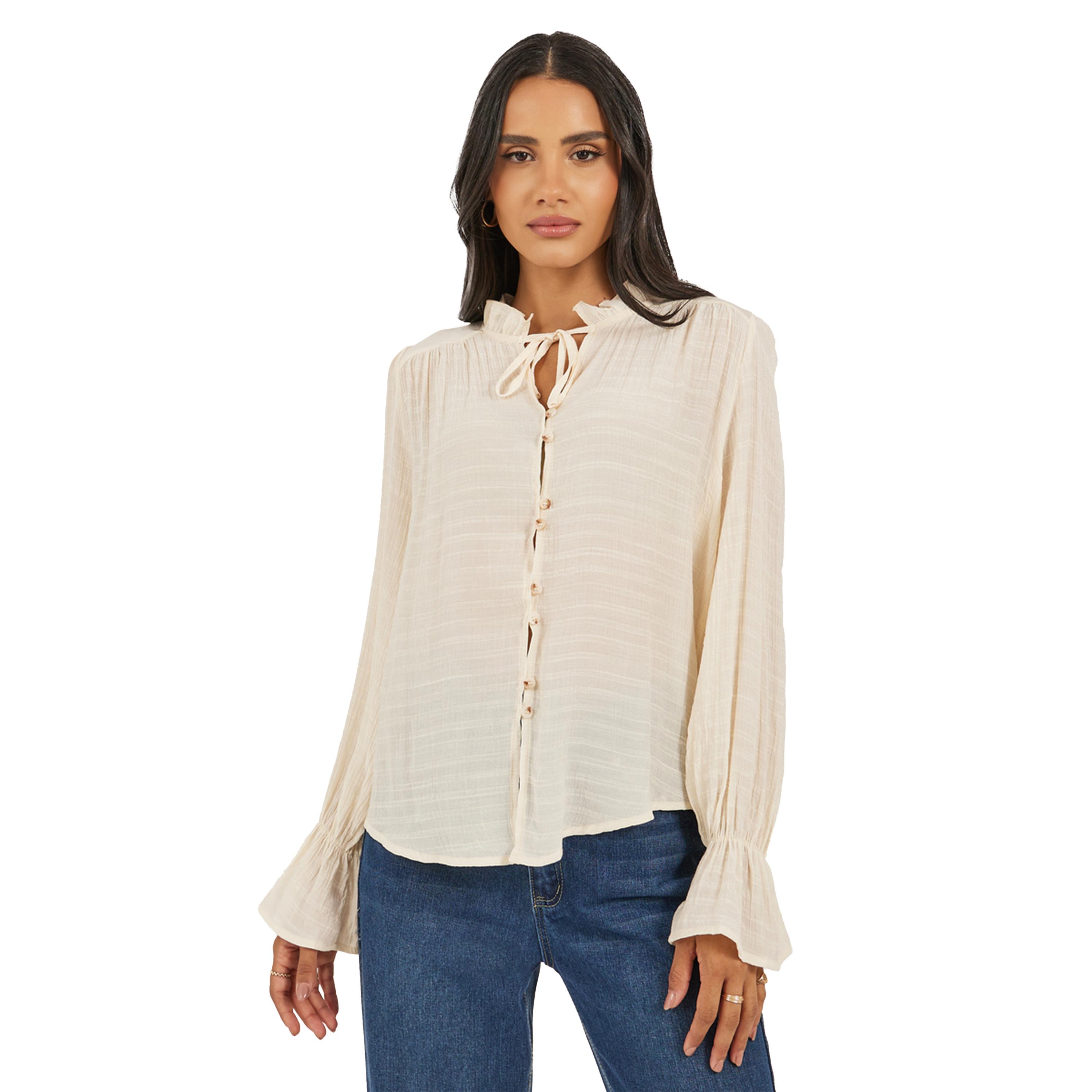 Styli Self Design Button Down Top with Tie Detail-women-clothing-shirtsandblouses-blouses-image-1