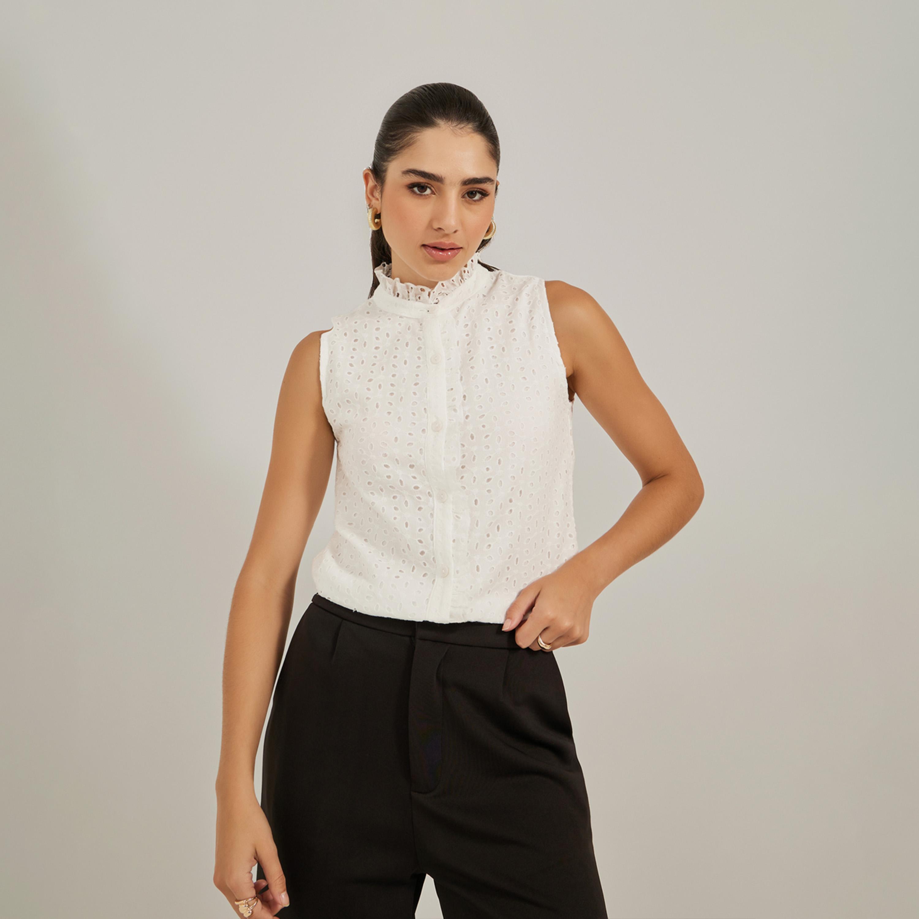 ستايلي - بلوزة شيفلي بدون أكمام برقبة مكشكشة-women-clothing-shirtsandblouses-blouses-image-1