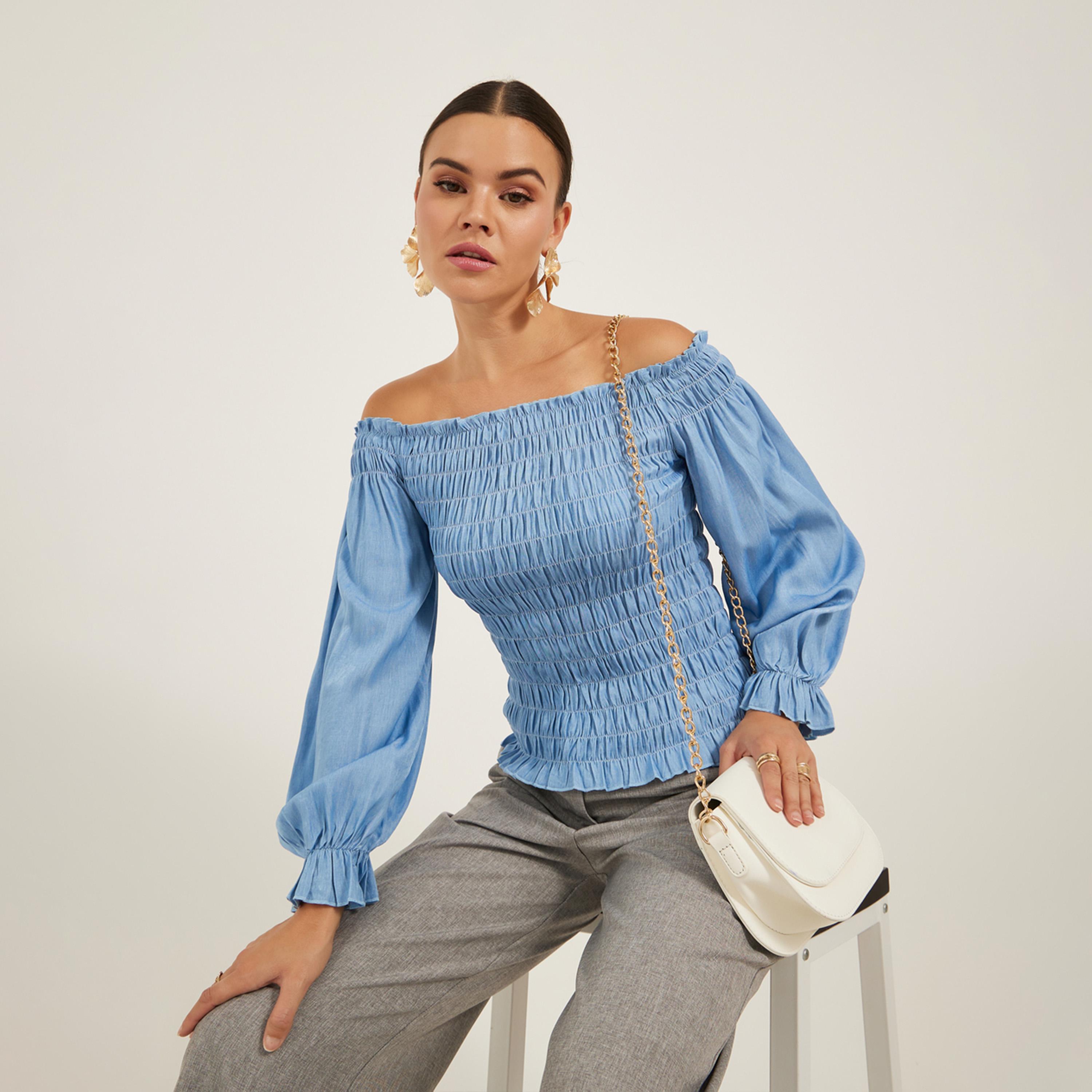 ستايلي - بلوزة سادة مكشوفة الكتفين بتفاصيل مجمعة-women-clothing-shirtsandblouses-blouses-image-1