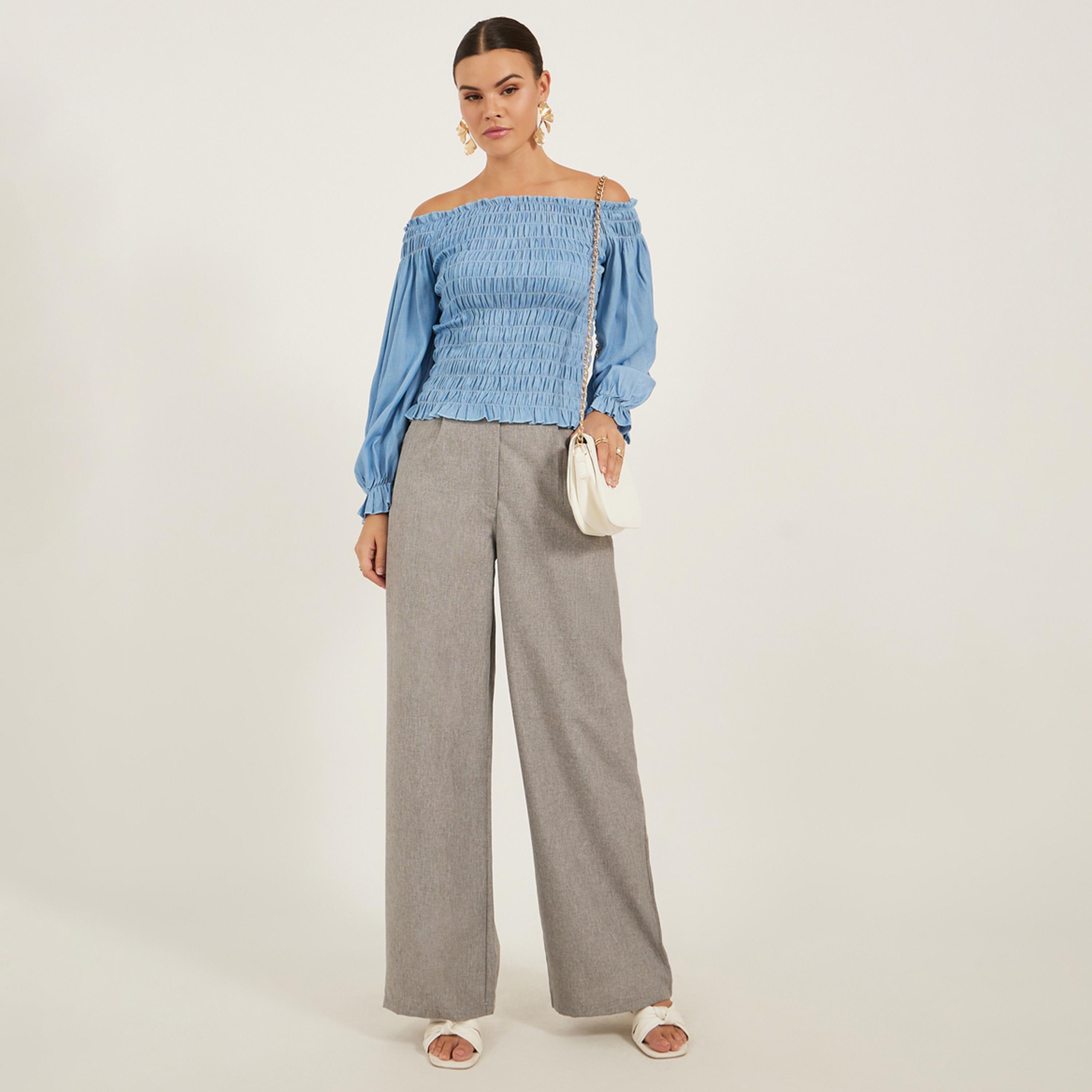 ستايلي - بلوزة سادة مكشوفة الكتفين بتفاصيل مجمعة-women-clothing-shirtsandblouses-blouses-image-2
