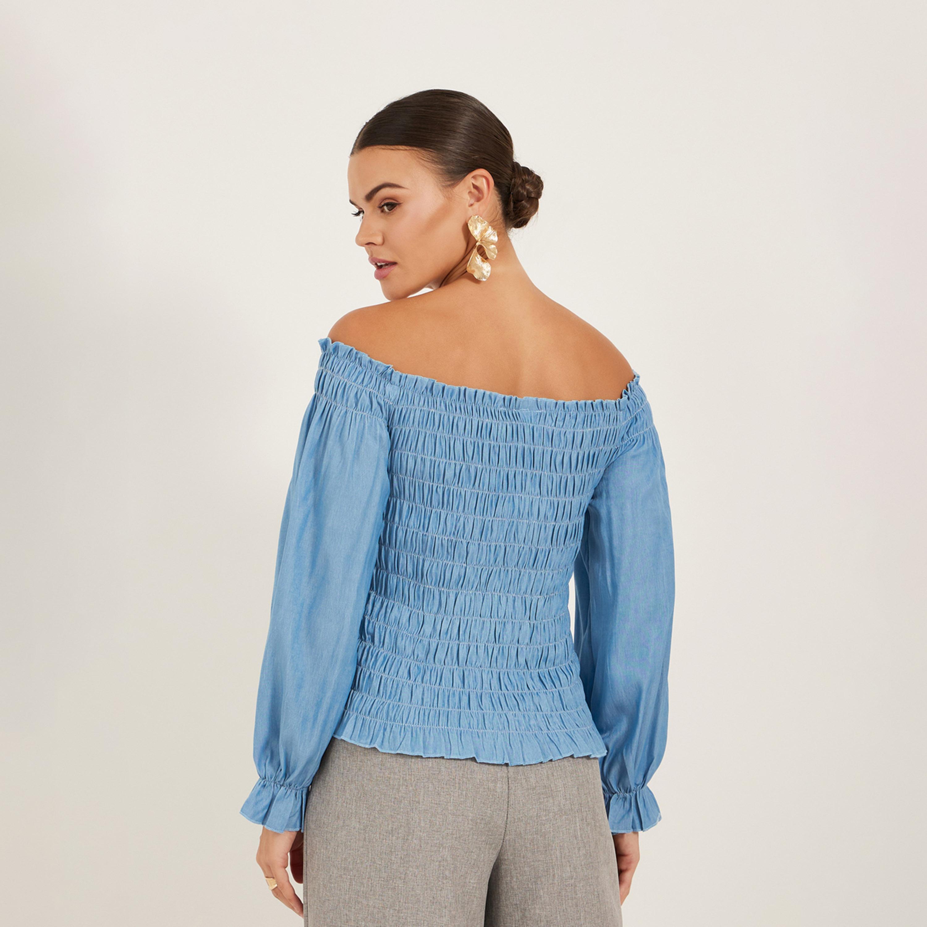 ستايلي - بلوزة سادة مكشوفة الكتفين بتفاصيل مجمعة-women-clothing-shirtsandblouses-blouses-image-5