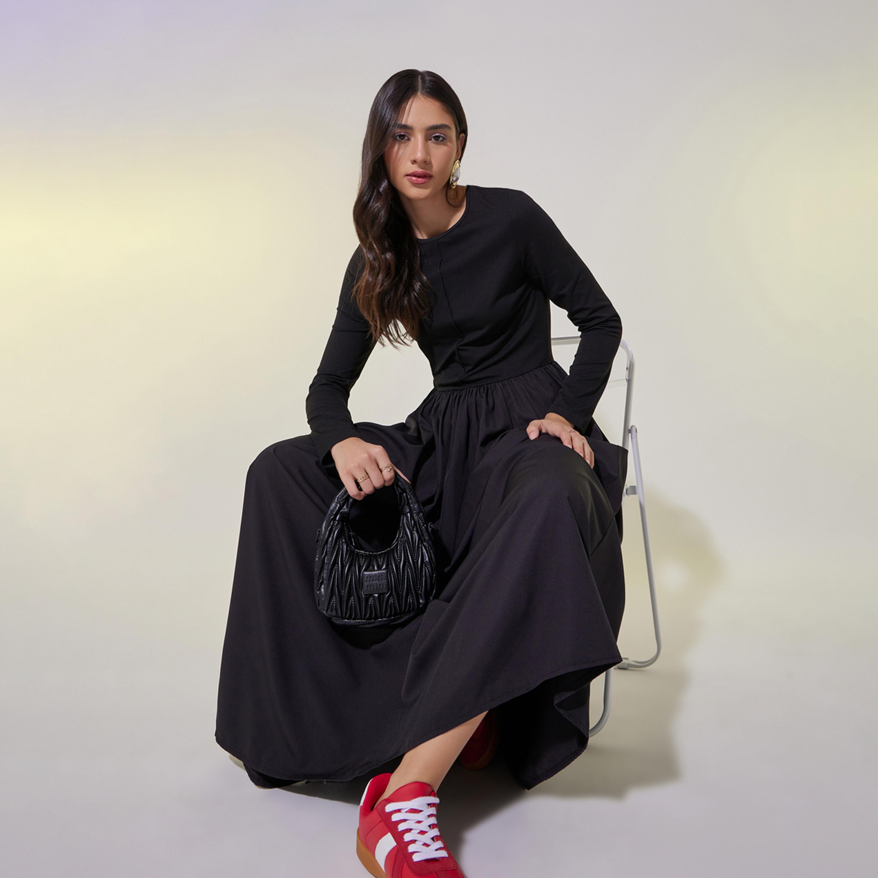 Take Two Solid A-Line Long Sleeve Maxi Dress with Seam Detail-women-clothing-dresses-image-1