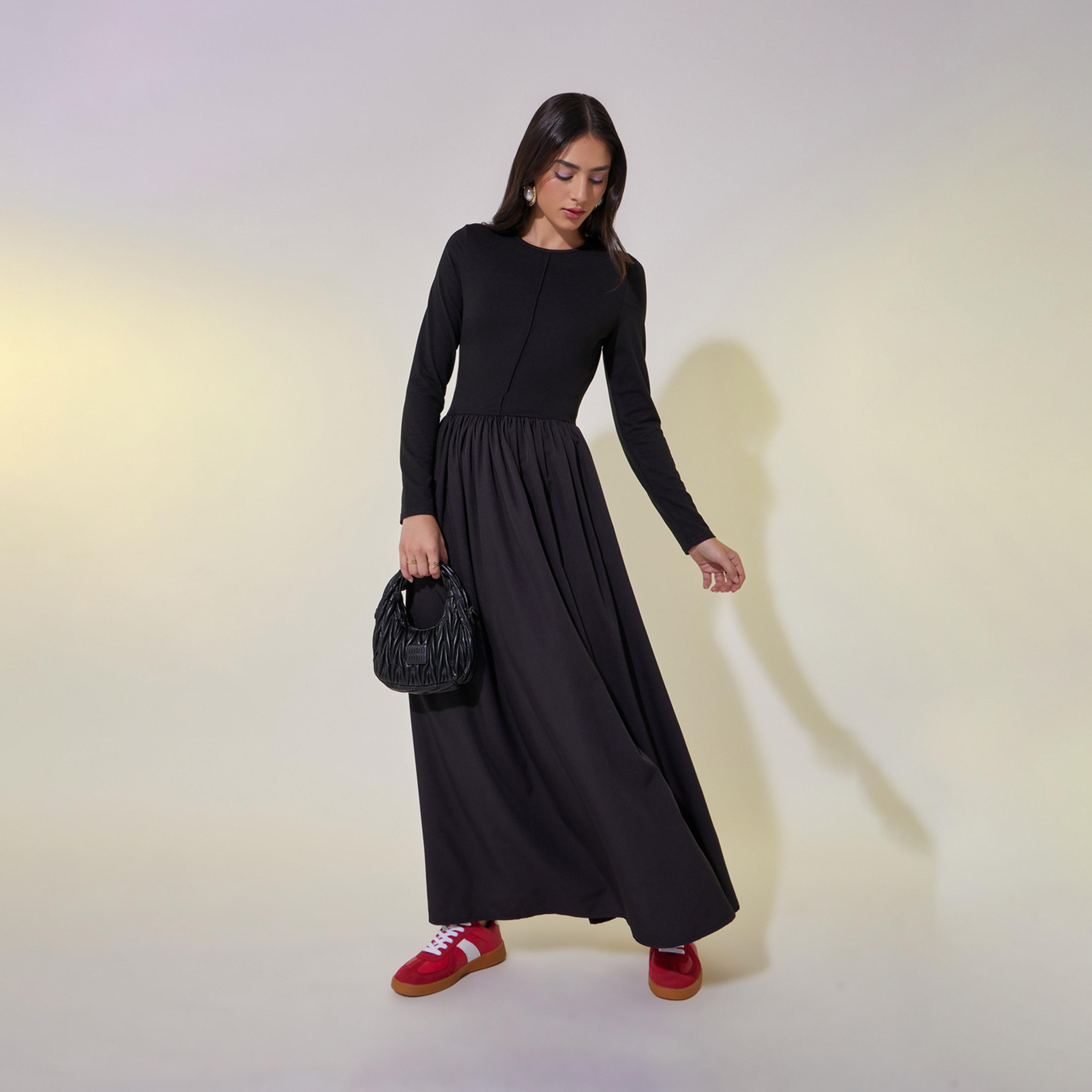 Take Two Solid A-Line Long Sleeve Maxi Dress with Seam Detail-women-clothing-dresses-image-2