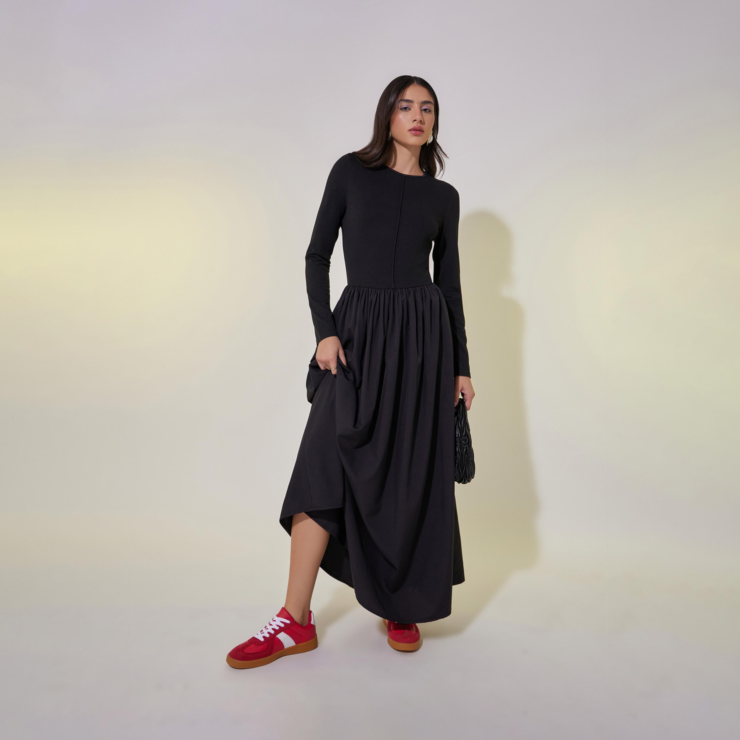 Take Two Solid A-Line Long Sleeve Maxi Dress with Seam Detail-women-clothing-dresses-image-3