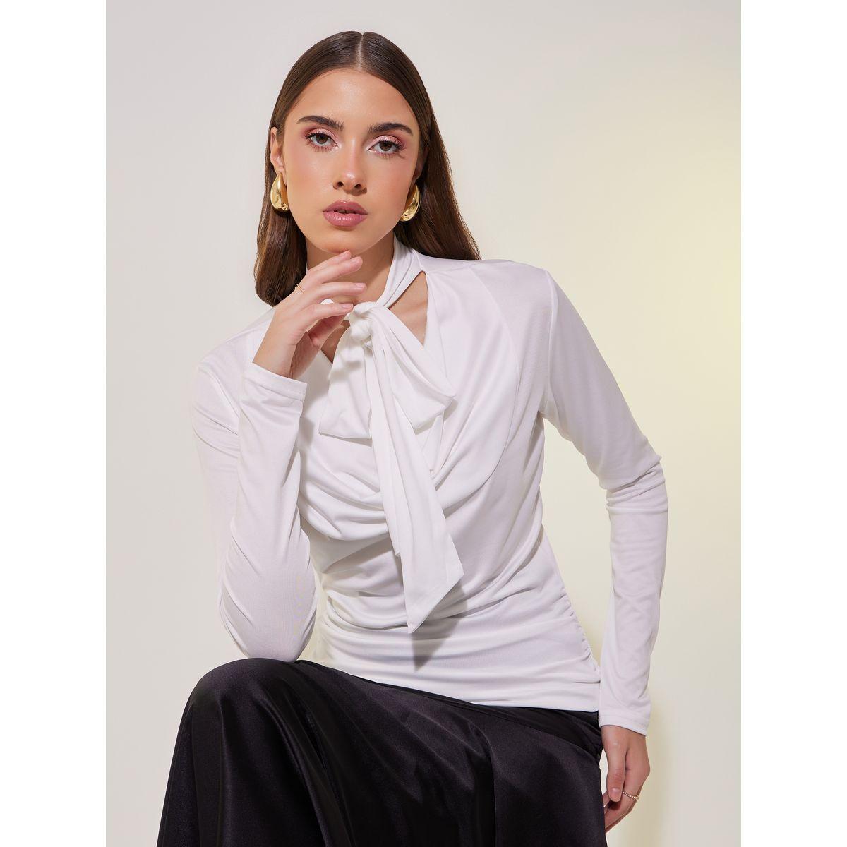 Solid Tie-Up Neck Long Sleeve Top-women-clothing-shirtsandblouses-blouses-image-1