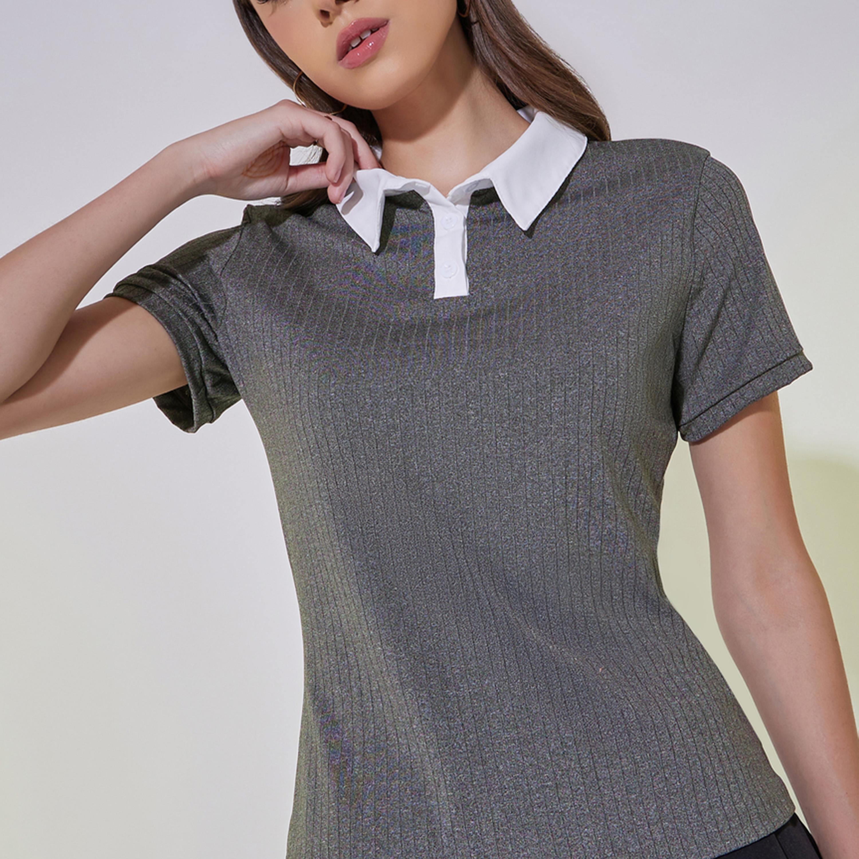 Take Two Rib Knit Contrast Collar Polo T-Shirt-women-clothing-tshirts-image-1