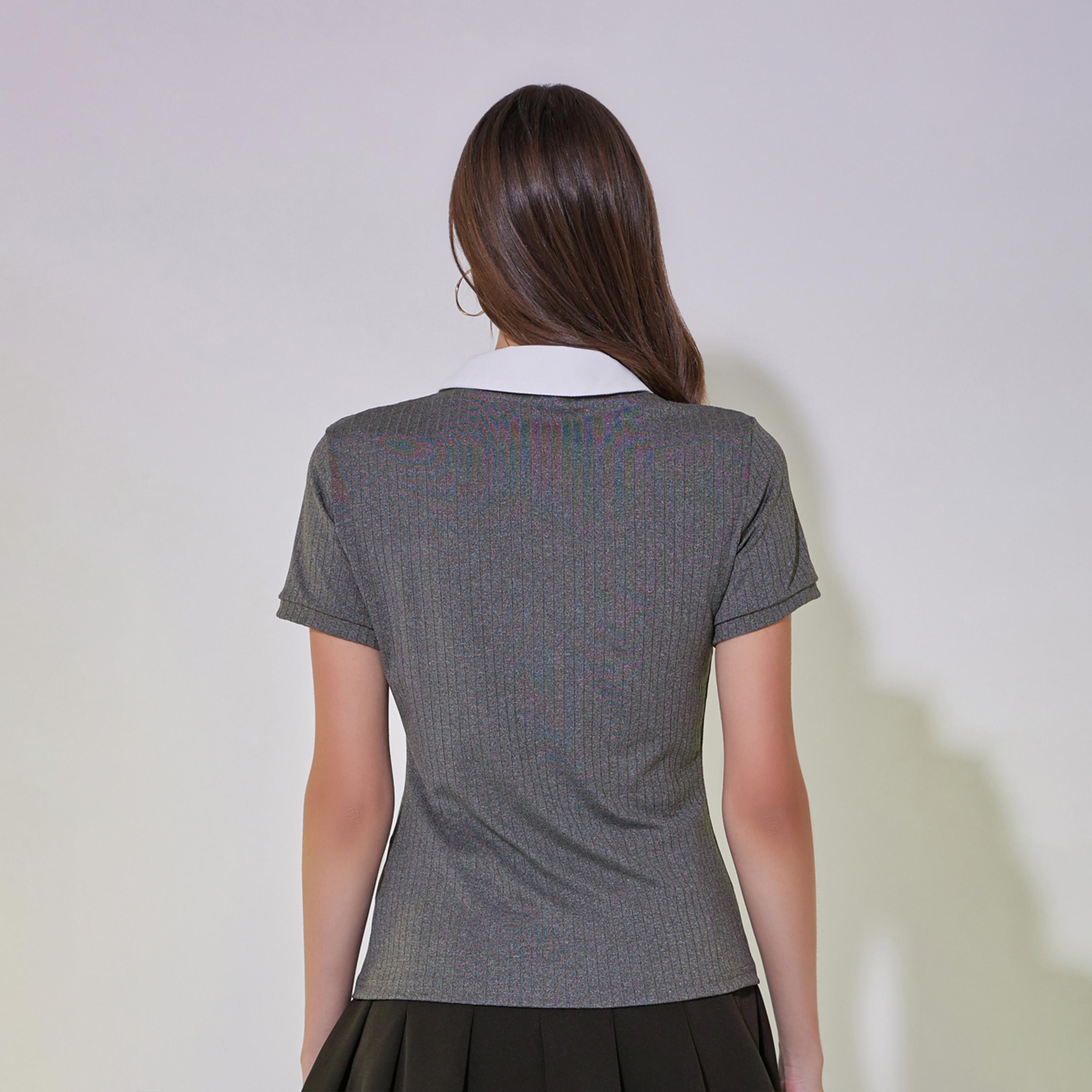 Take Two Rib Knit Contrast Collar Polo T-Shirt-women-clothing-tshirts-image-4