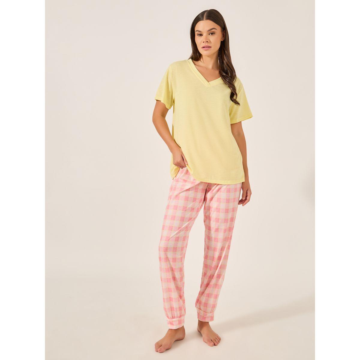 Styli V-Neck T-Shirt and Checked Cuffed Pajama Set-women-clothing-nightwear-pyjamas-longsets-image-1