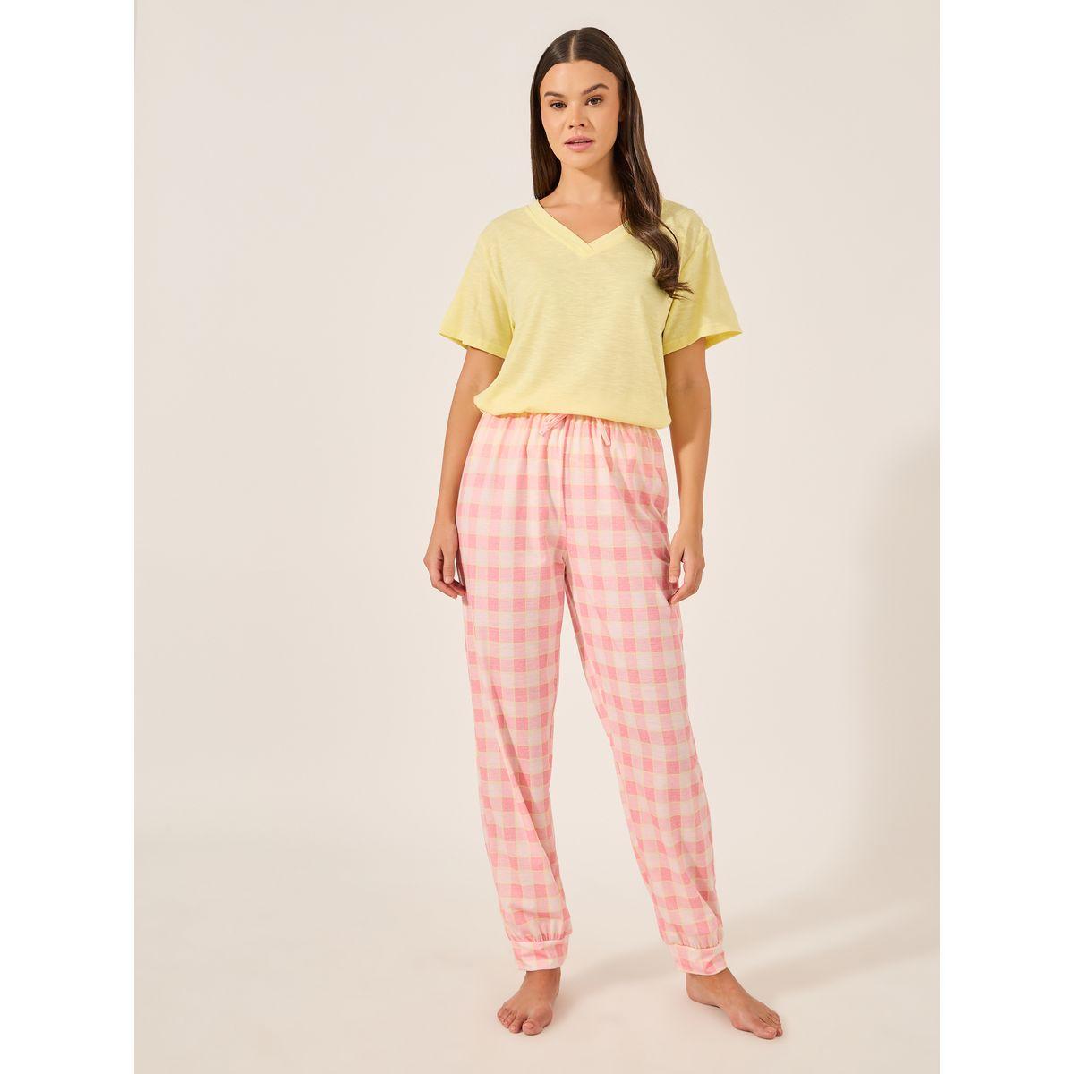 Styli V-Neck T-Shirt and Checked Cuffed Pajama Set-women-clothing-nightwear-pyjamas-longsets-image-2