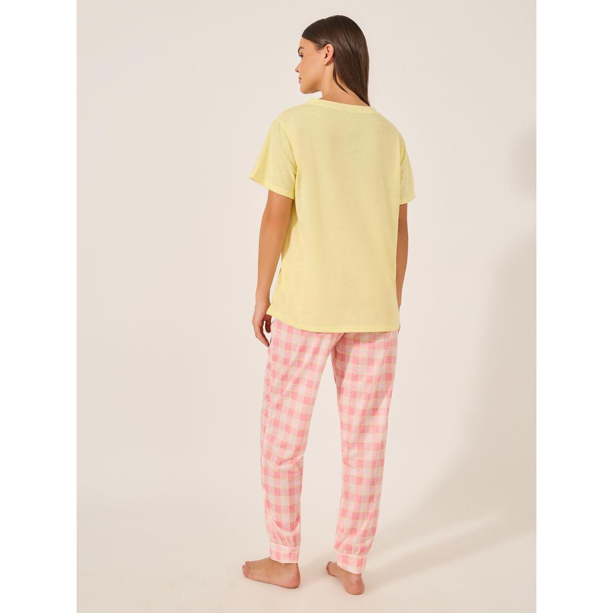 Styli V-Neck T-Shirt and Checked Cuffed Pajama Set-women-clothing-nightwear-pyjamas-longsets-image-5