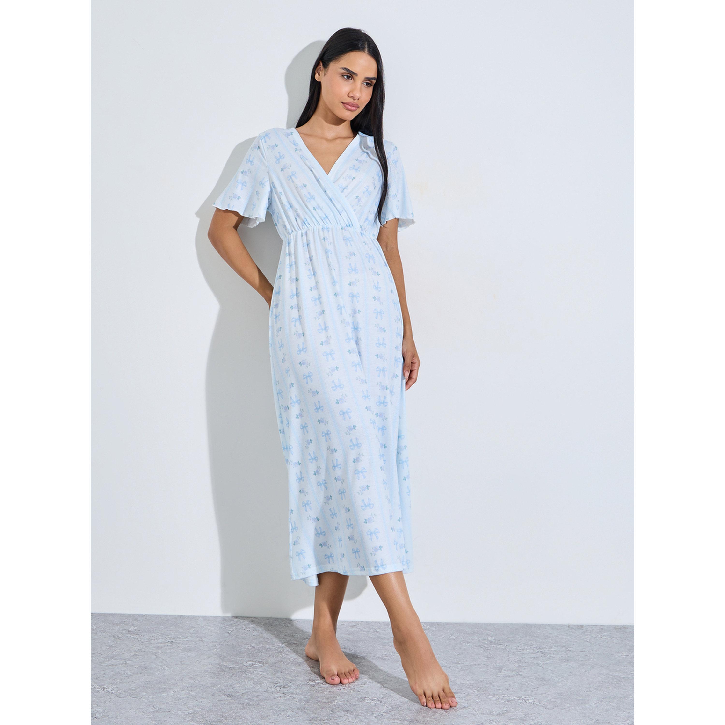 Styli Linear Bow Print V Neck Wrap Over Nightdress-women-clothing-nightwear-nighties-image-1