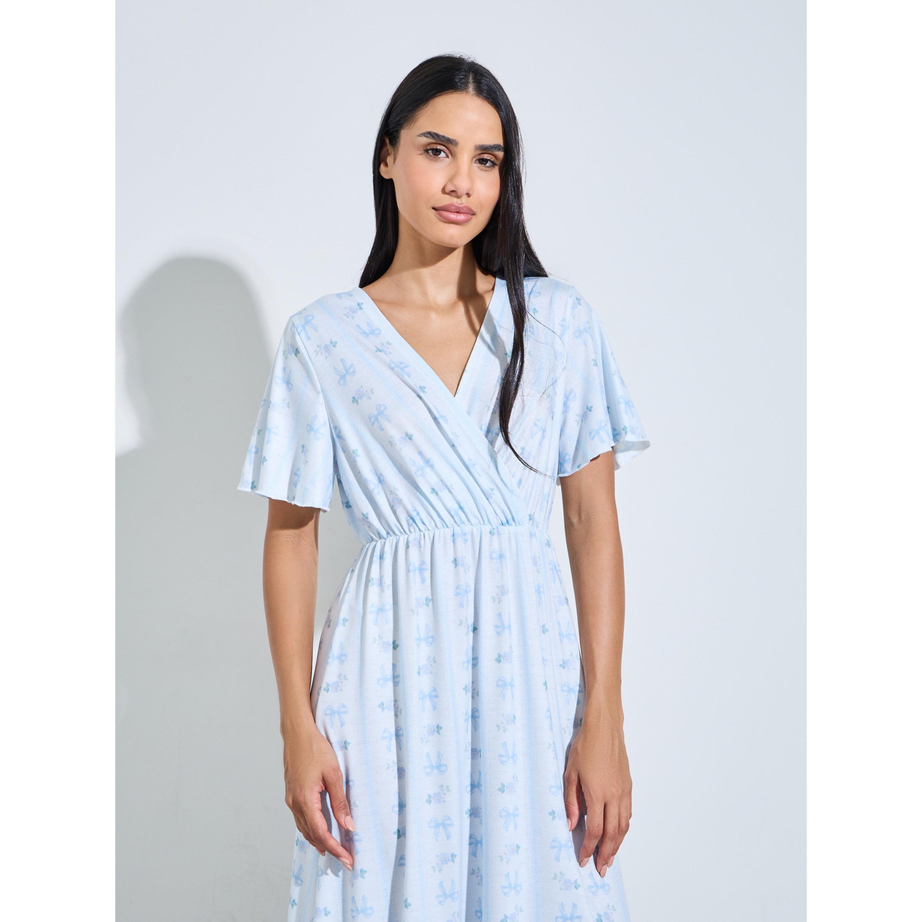 Styli Linear Bow Print V Neck Wrap Over Nightdress-women-clothing-nightwear-nighties-image-2