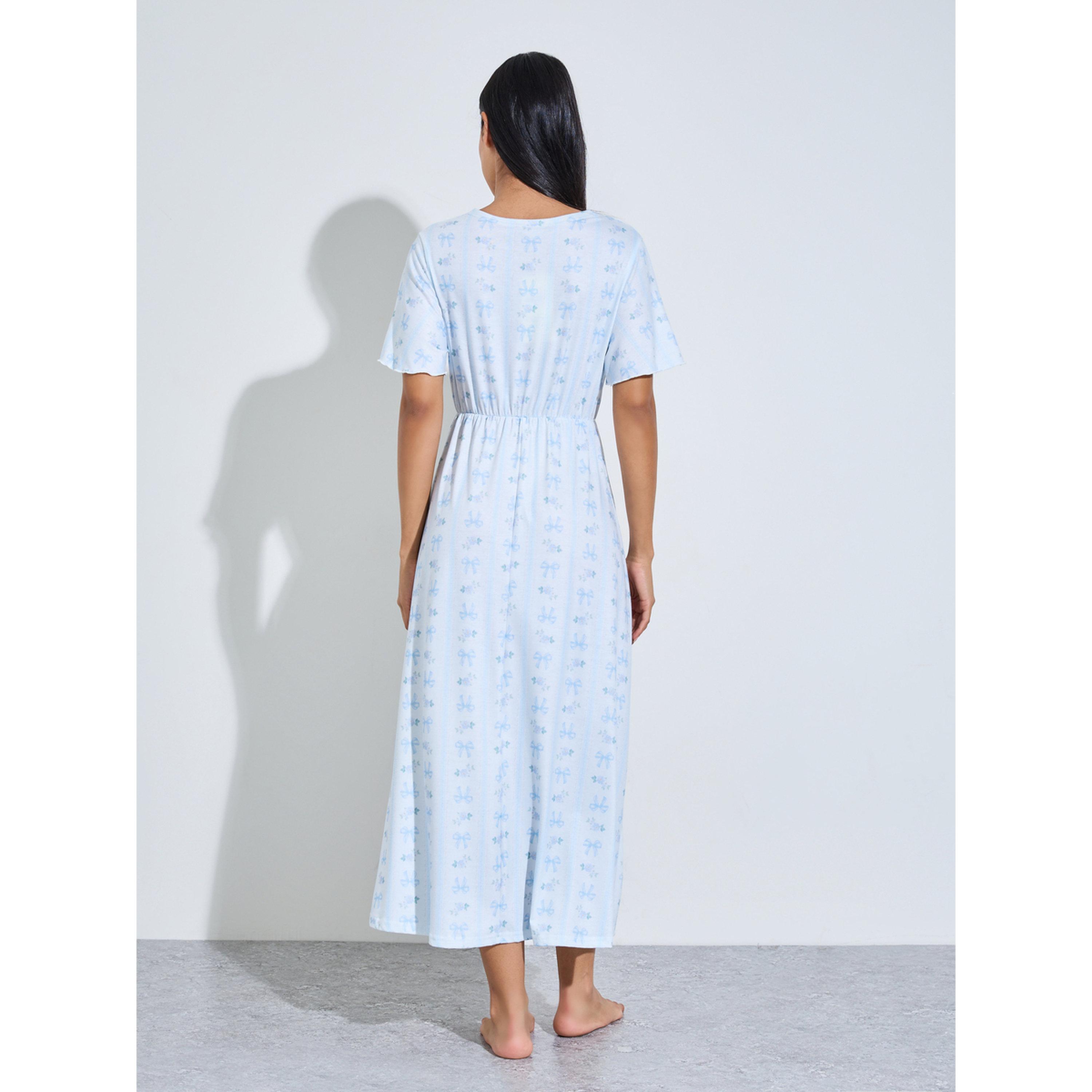 Styli Linear Bow Print V Neck Wrap Over Nightdress-women-clothing-nightwear-nighties-image-3