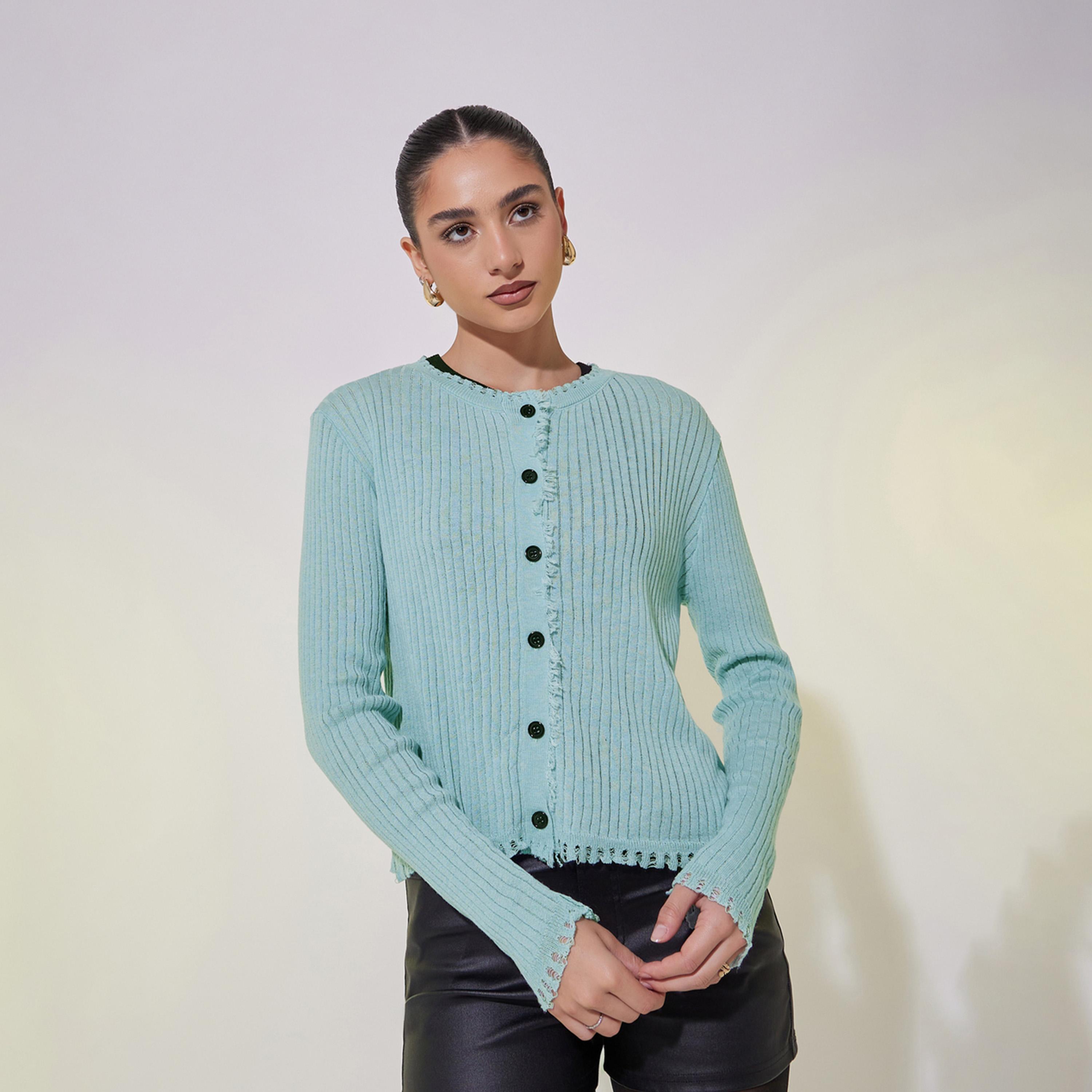 بلوزة مضلعة باكمام طويلة وحواف ممزقة-women-clothing-shirtsandblouses-blouses-image-3
