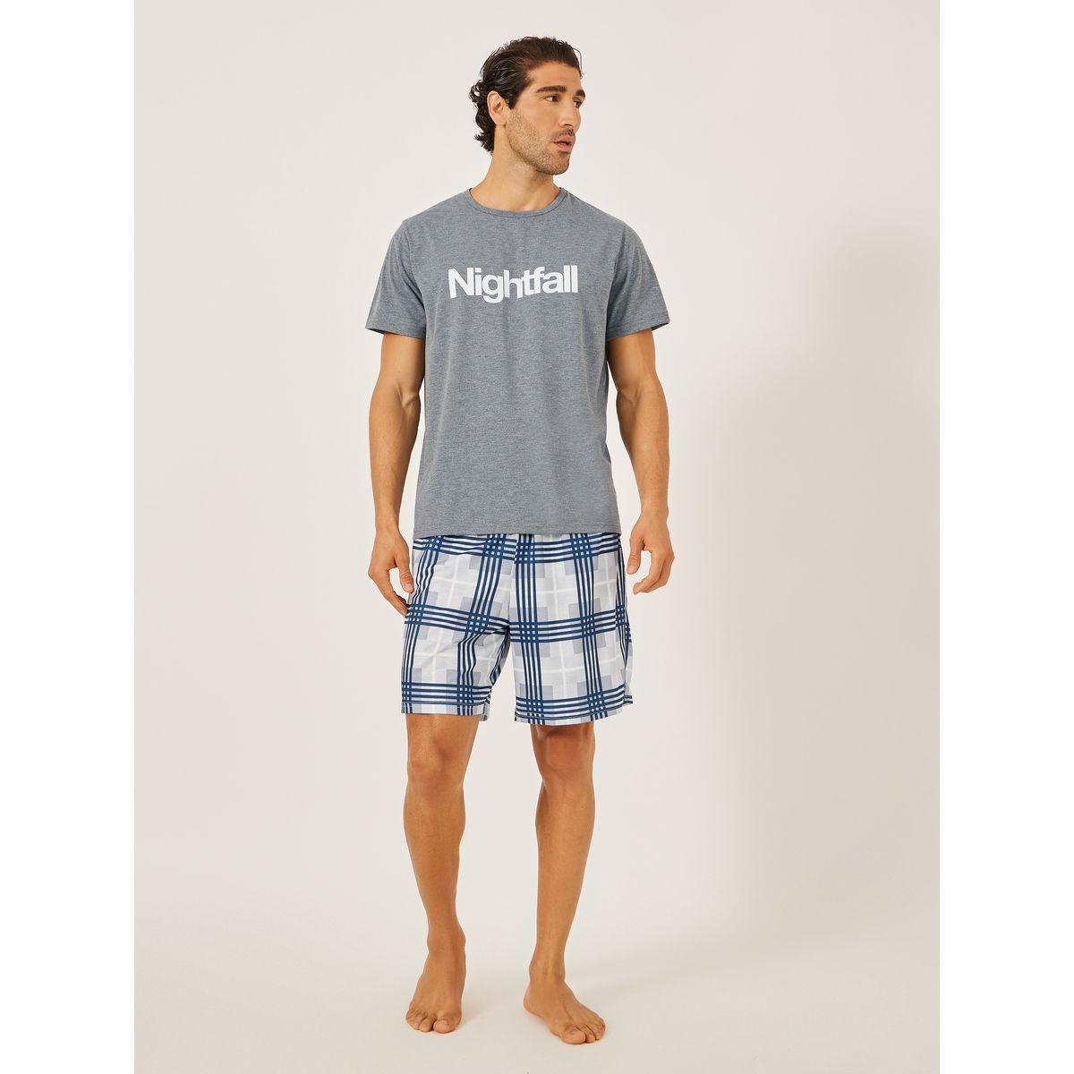Styli Slogan Printed T-Shirt and Checked Shorts Set-men-clothing-nightwear-sets-image-1