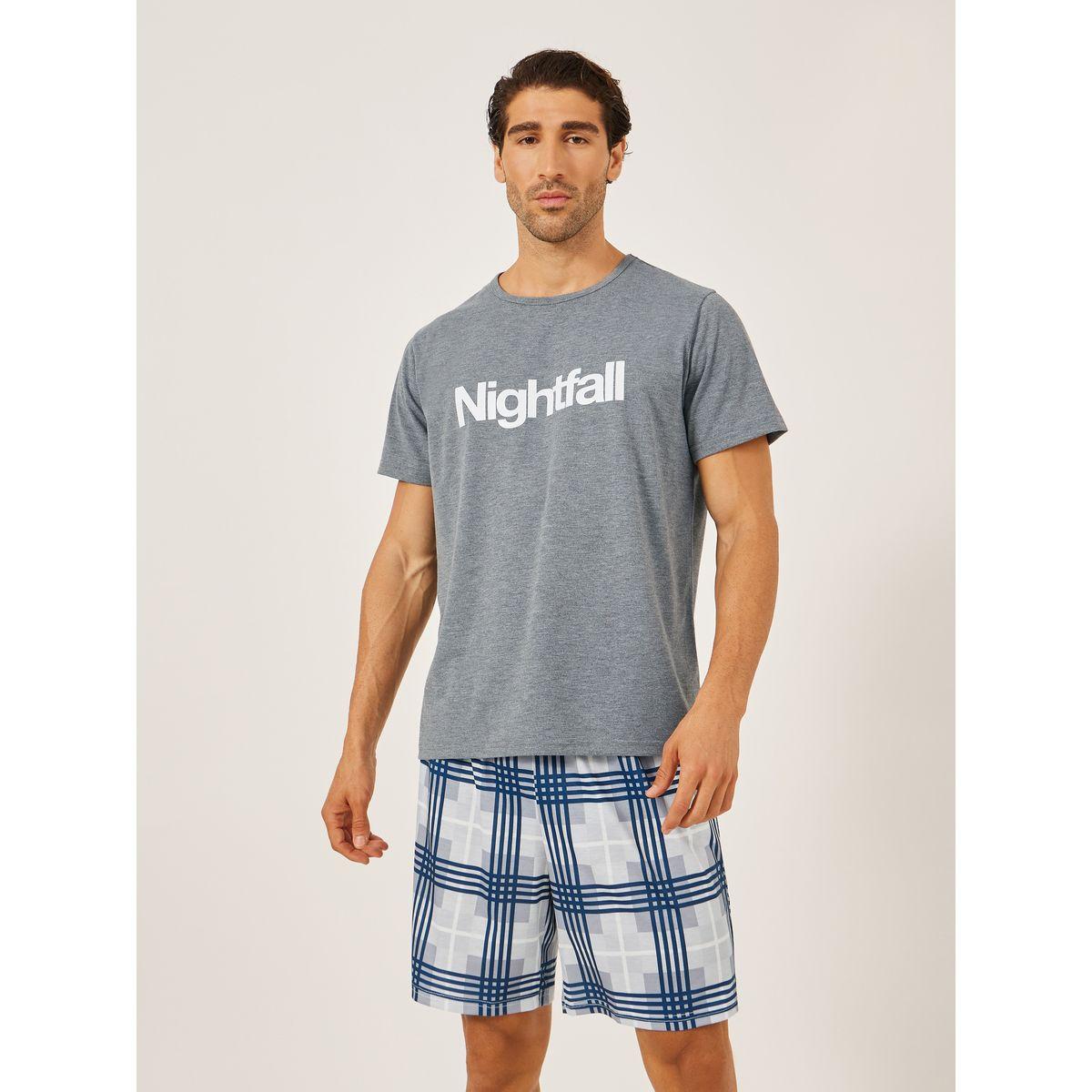 Styli Slogan Printed T-Shirt and Checked Shorts Set-men-clothing-nightwear-sets-image-2