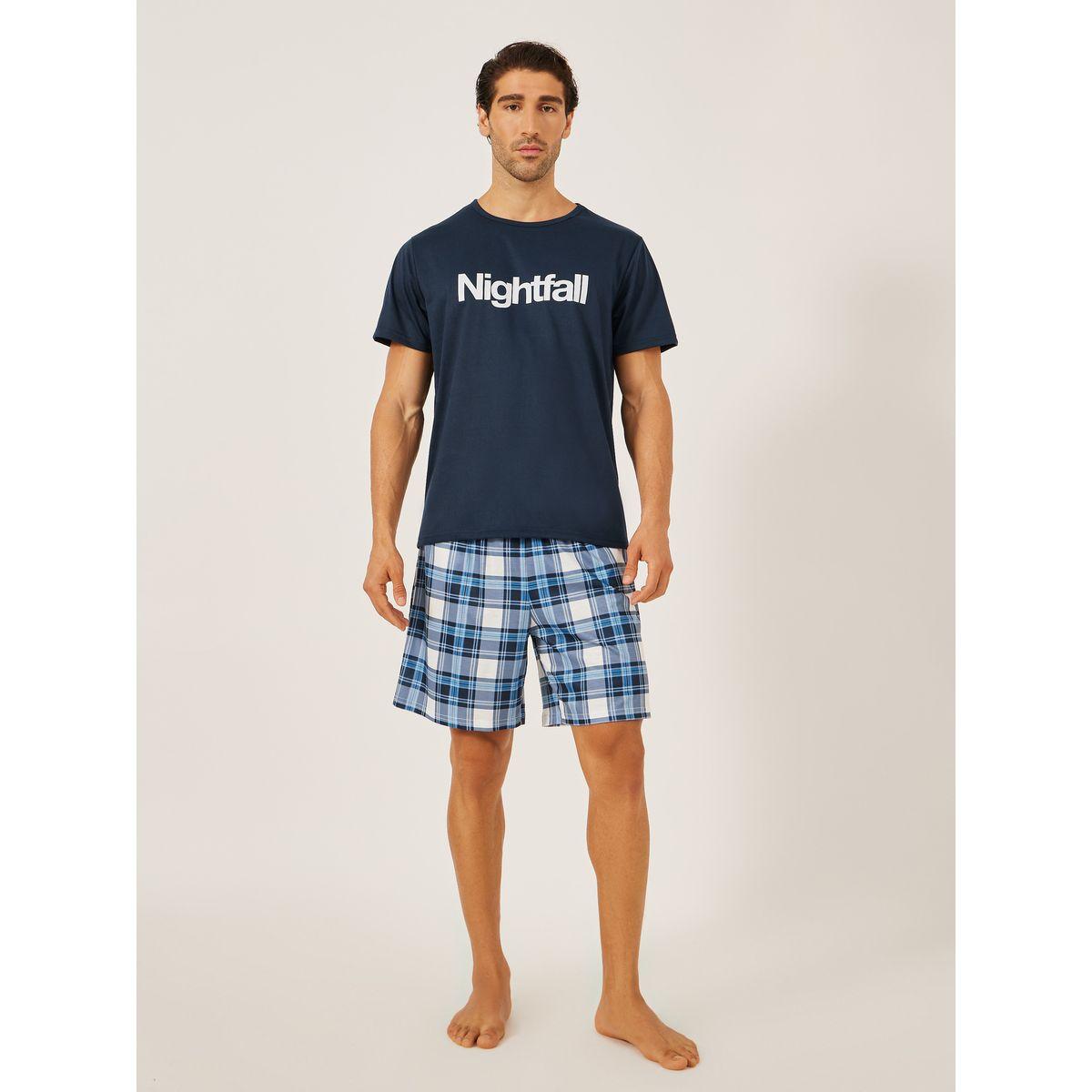 Styli Slogan Printed T-Shirt and Checked Shorts Set-men-clothing-nightwear-sets-image-1