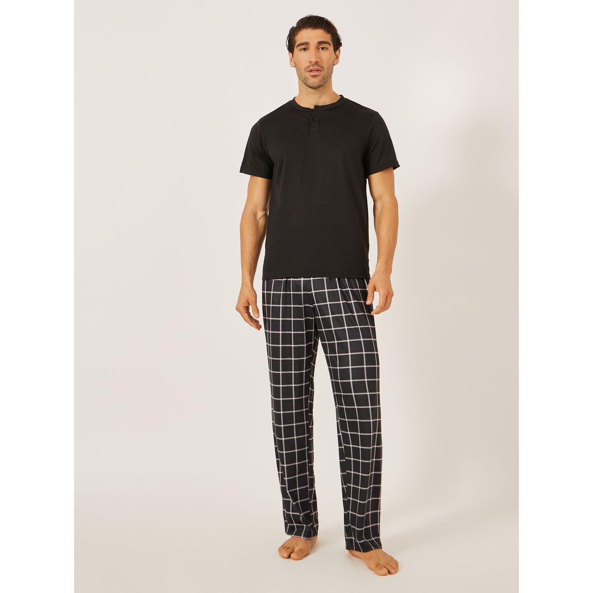 Styli Solid Henley Neck T-Shirt and Checked Pyjama Set-men-clothing-nightwear-sets-image-1