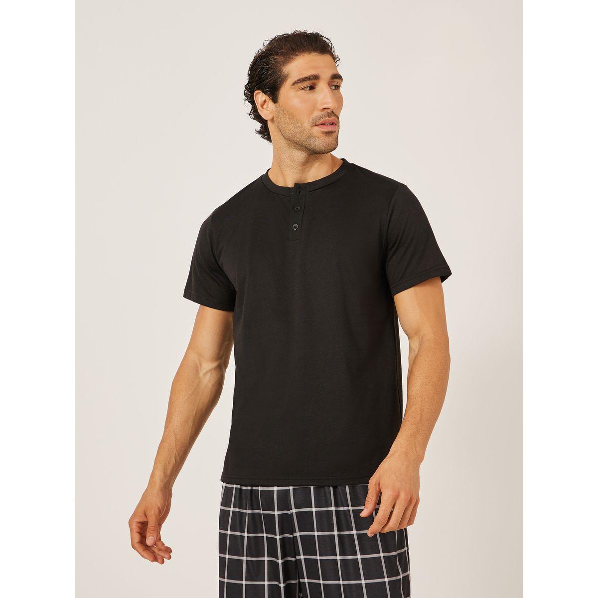 Styli Solid Henley Neck T-Shirt and Checked Pyjama Set-men-clothing-nightwear-sets-image-2