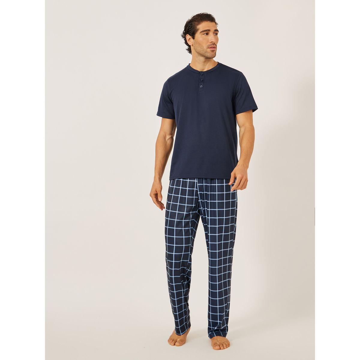 Styli Solid Henley Neck T-Shirt and Checked Pyjama Set-men-clothing-nightwear-sets-image-1