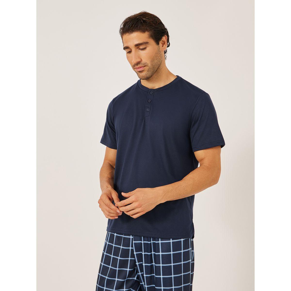 Styli Solid Henley Neck T-Shirt and Checked Pyjama Set-men-clothing-nightwear-sets-image-2
