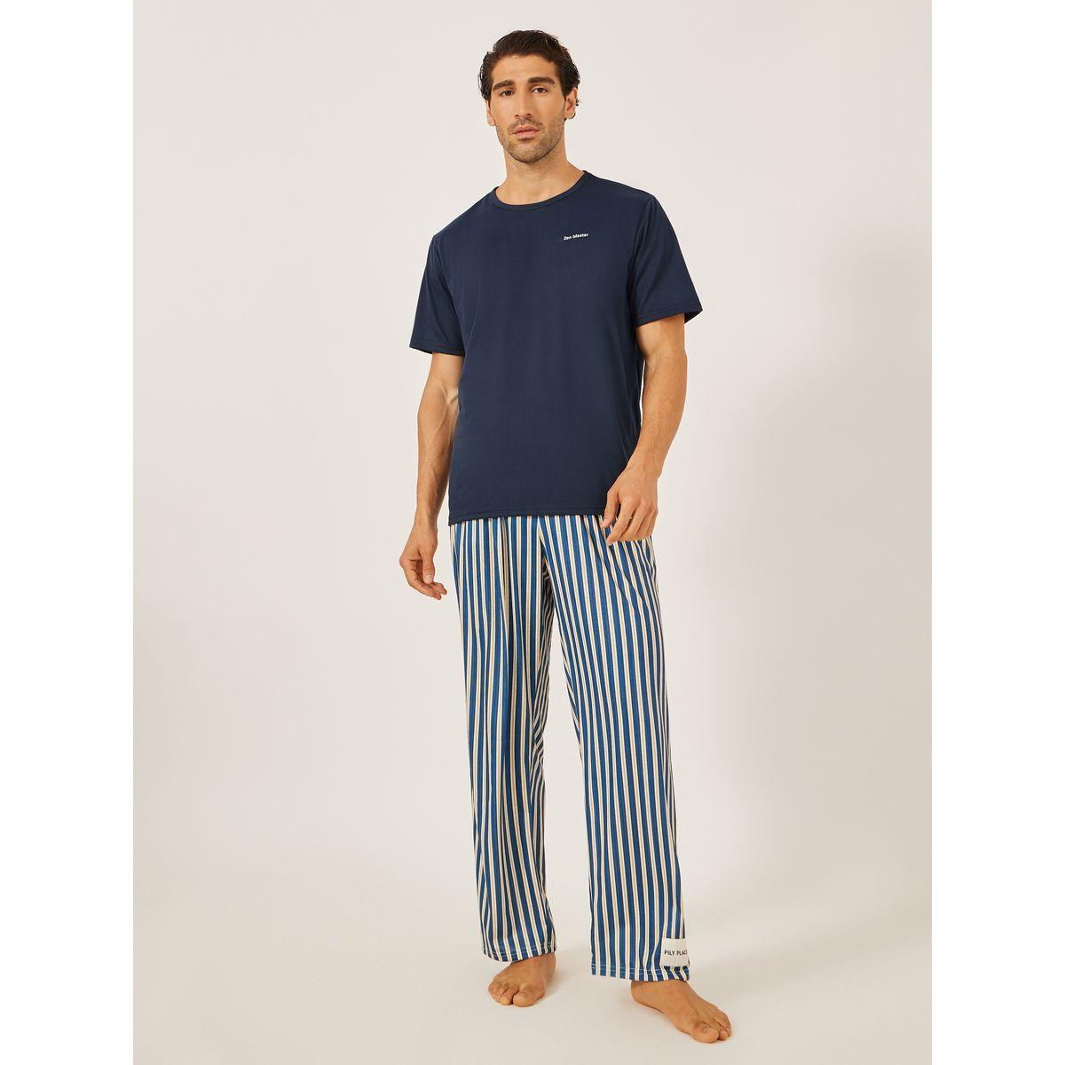 Styli Minimal Printed T-Shirt and Striped Badge Detail Pyjama Set-men-clothing-nightwear-sets-image-1