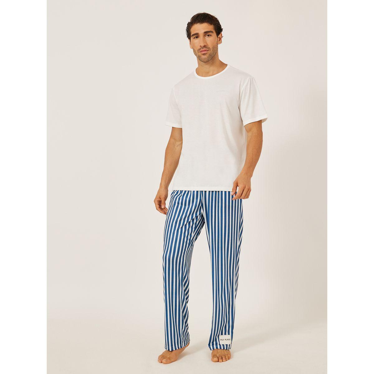 Styli Minimal Printed T-Shirt and Striped Badge Detail Pyjama Set-men-clothing-nightwear-sets-image-1