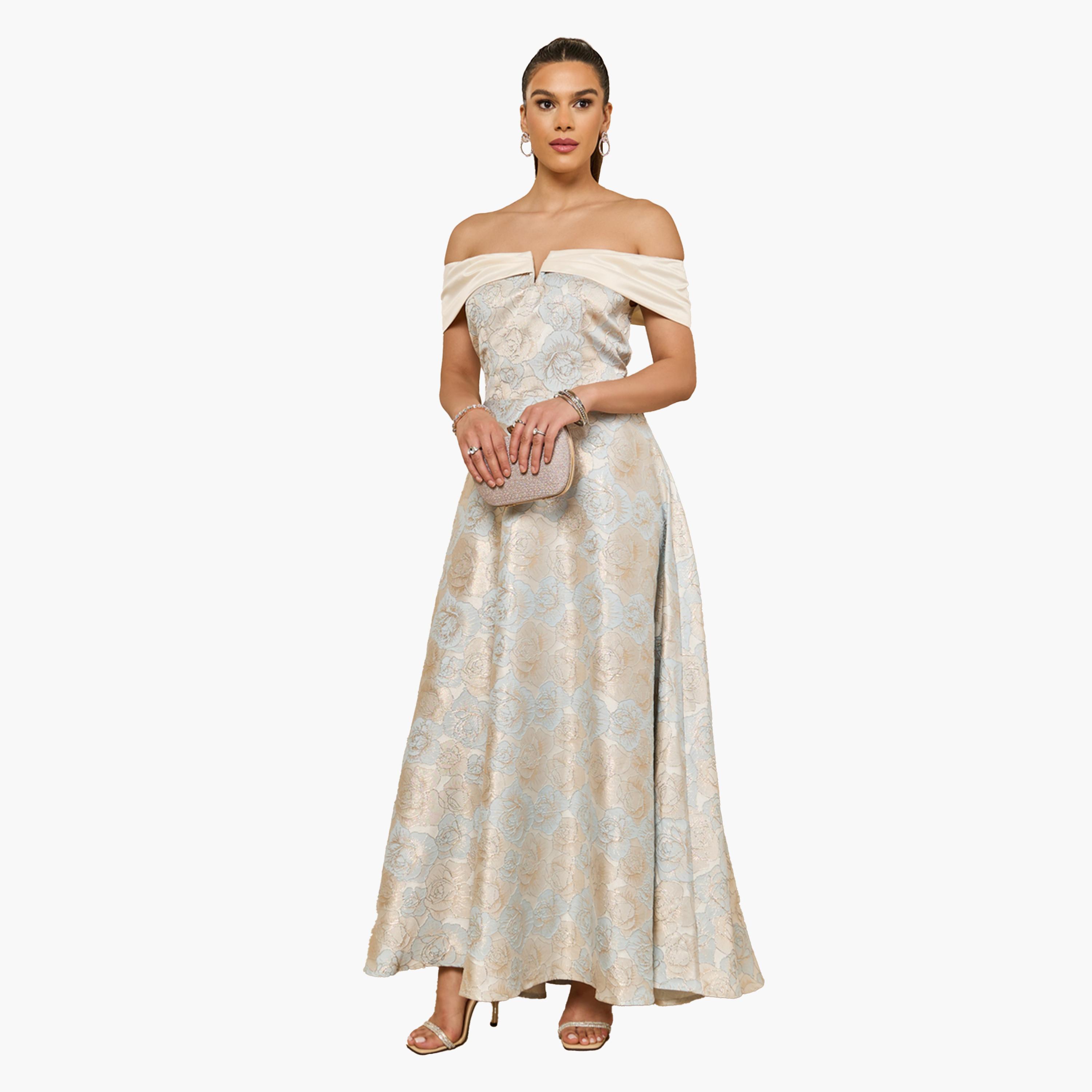 Styli Blue Floral Jacquard Off-Shoulder A-Line Maxi Dress-women-clothing-dresses-image-1