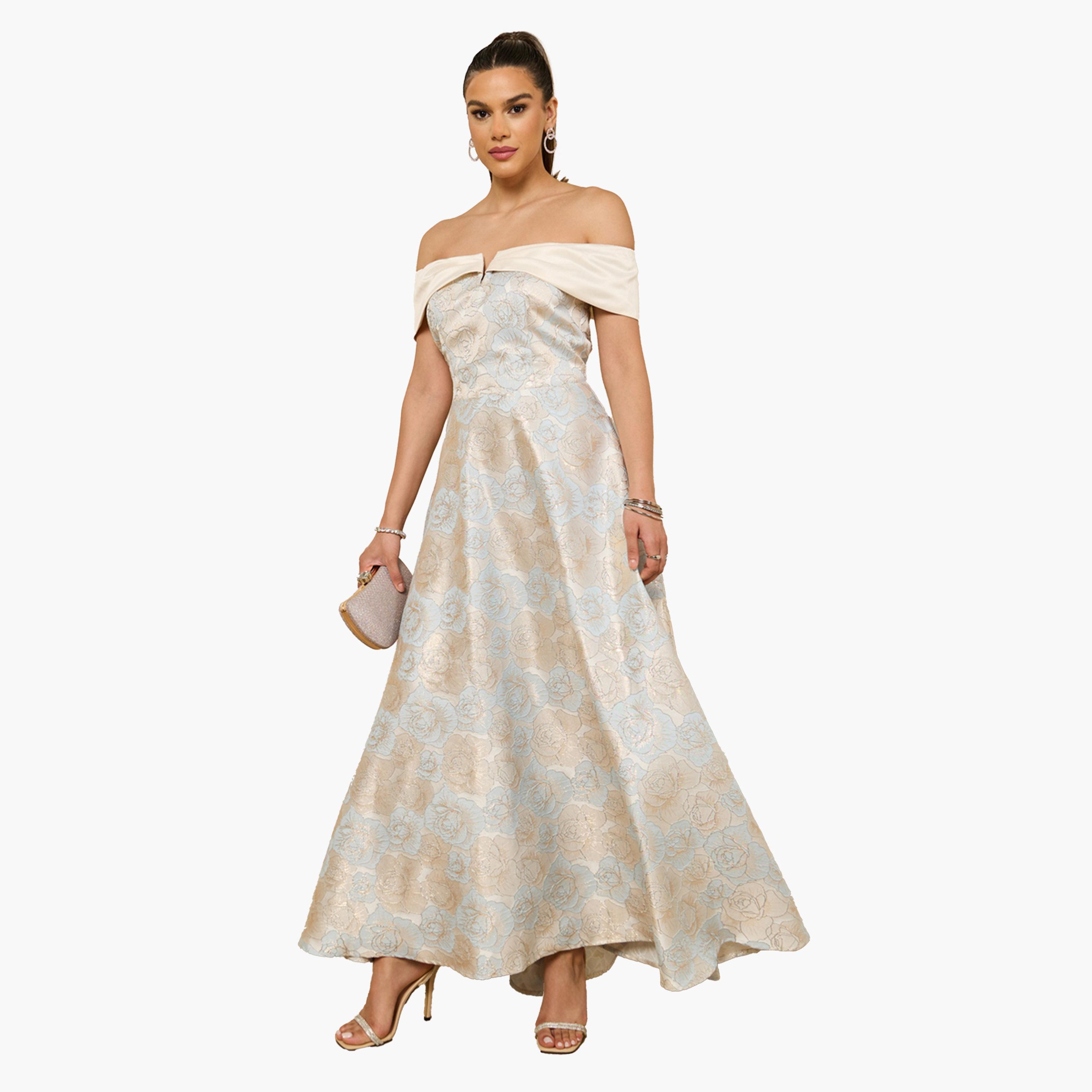 ستايلي- فستان ماكسي أزرق من قماش الجاكار المزهر، مكشوف الكتفين، بتصميم حرف A-women-clothing-dresses-image-2