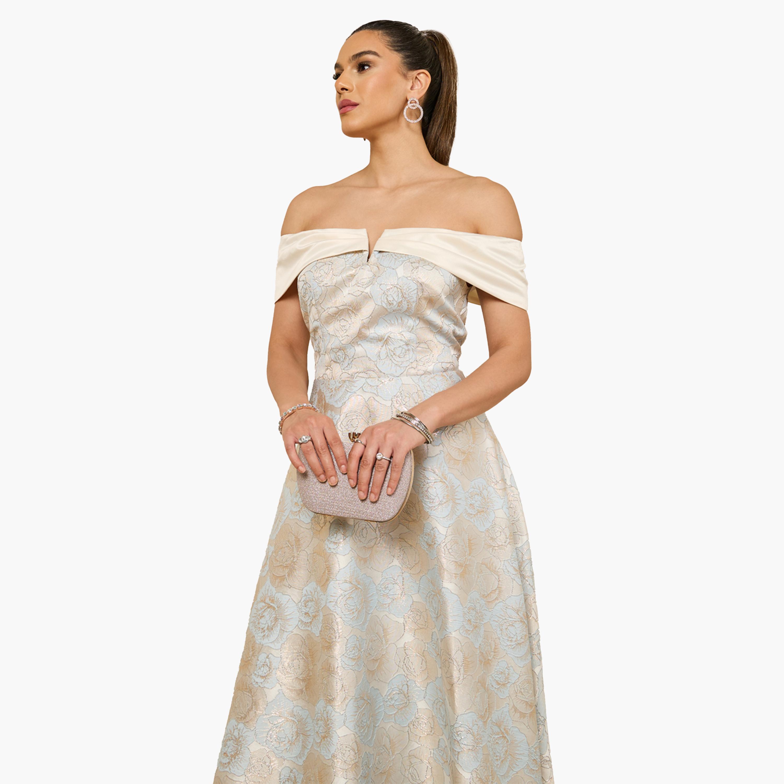Styli Blue Floral Jacquard Off-Shoulder A-Line Maxi Dress-women-clothing-dresses-image-3