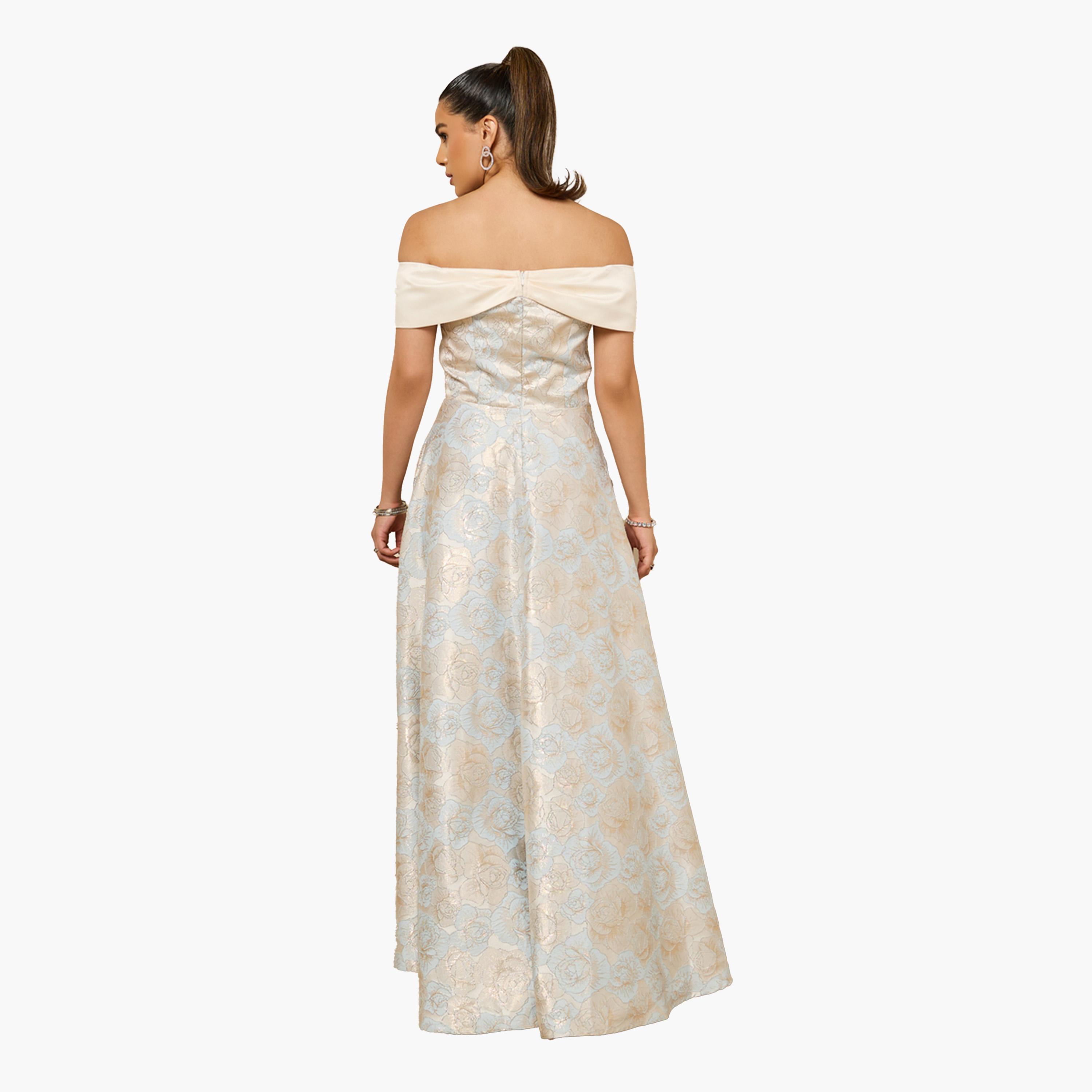 ستايلي- فستان ماكسي أزرق من قماش الجاكار المزهر، مكشوف الكتفين، بتصميم حرف A-women-clothing-dresses-image-6