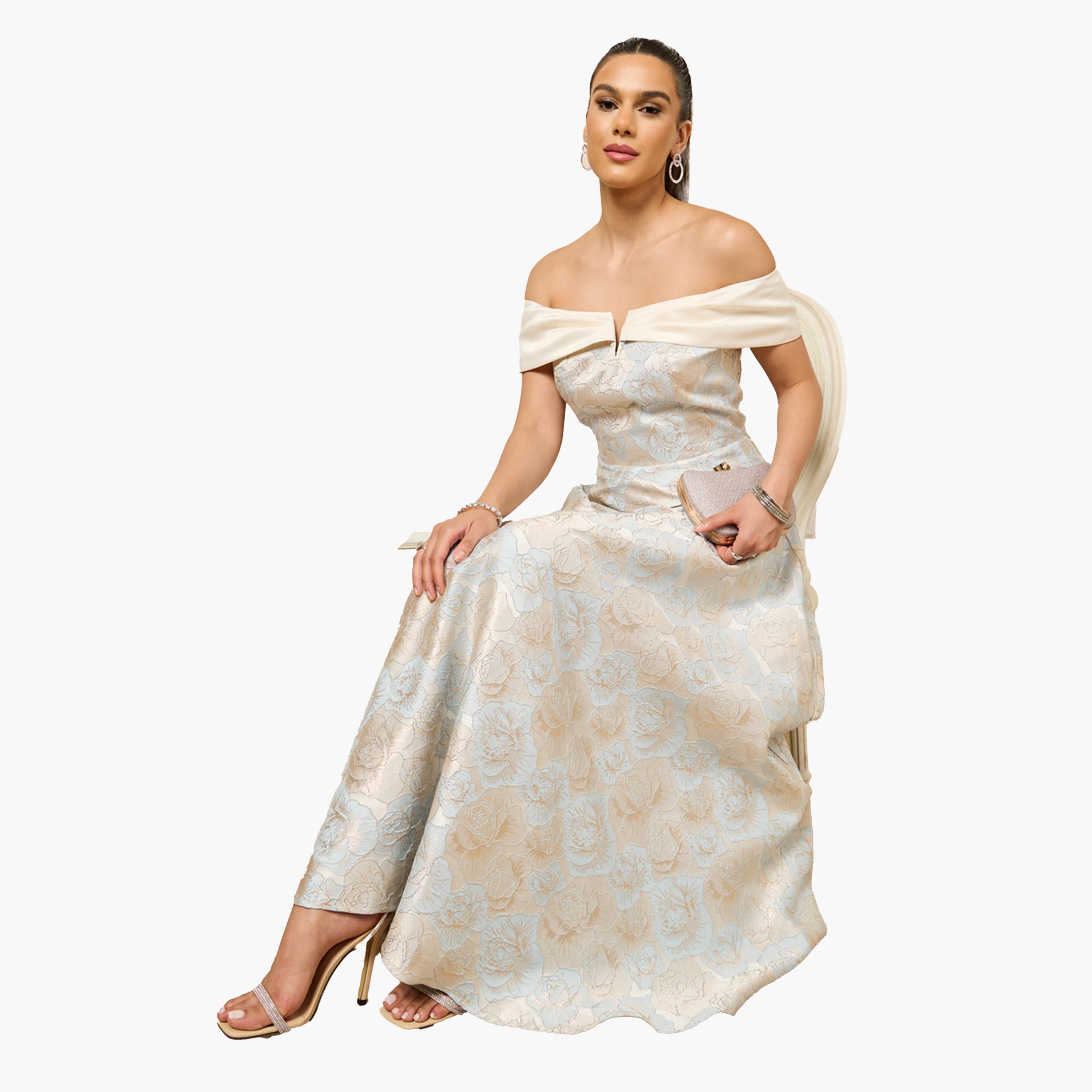 ستايلي- فستان ماكسي أزرق من قماش الجاكار المزهر، مكشوف الكتفين، بتصميم حرف A-women-clothing-dresses-image-7