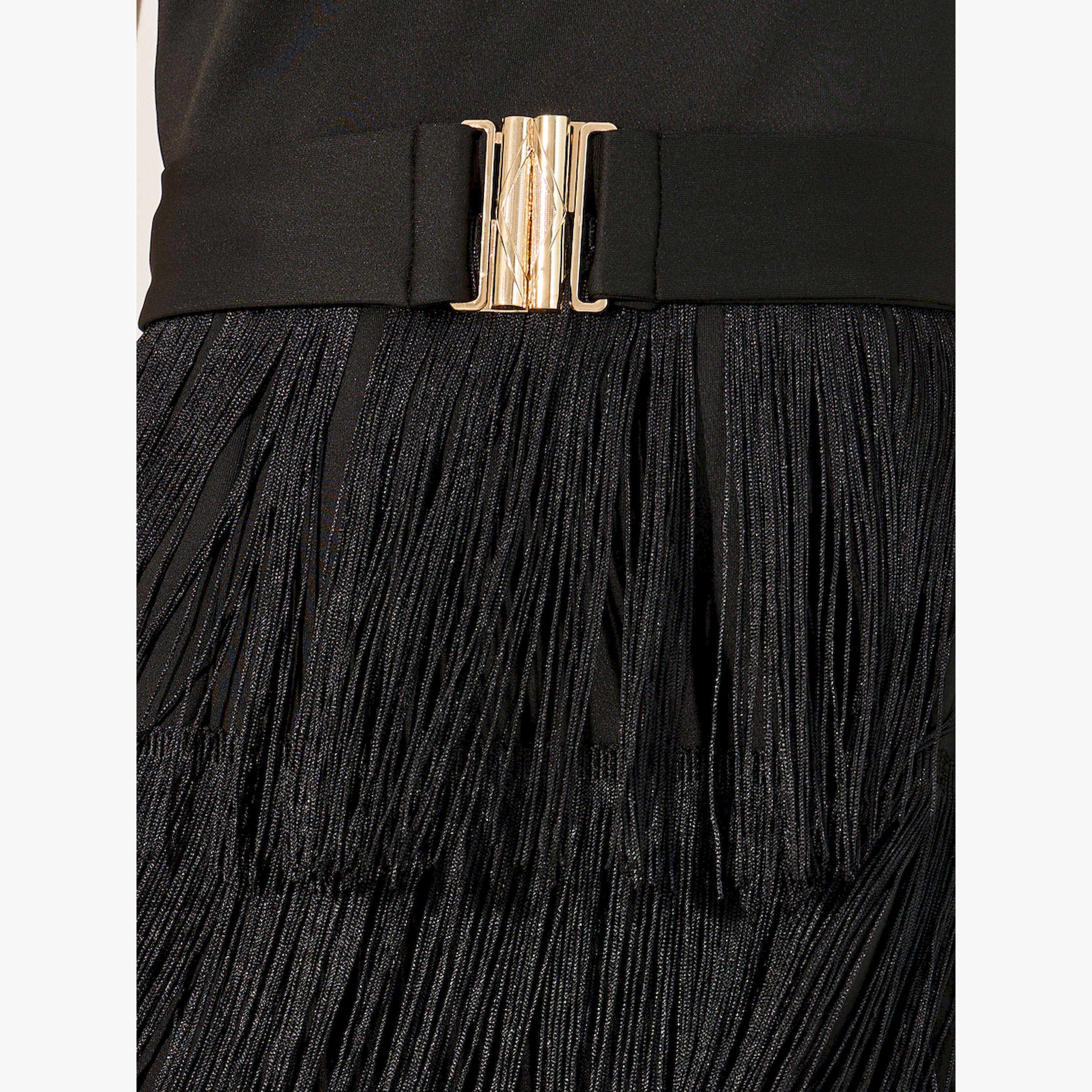 ستايلي - فستان متوسط الطول بأكمام قصيرة وحافة مزينة بشراشيب-women-clothing-dresses-image-4