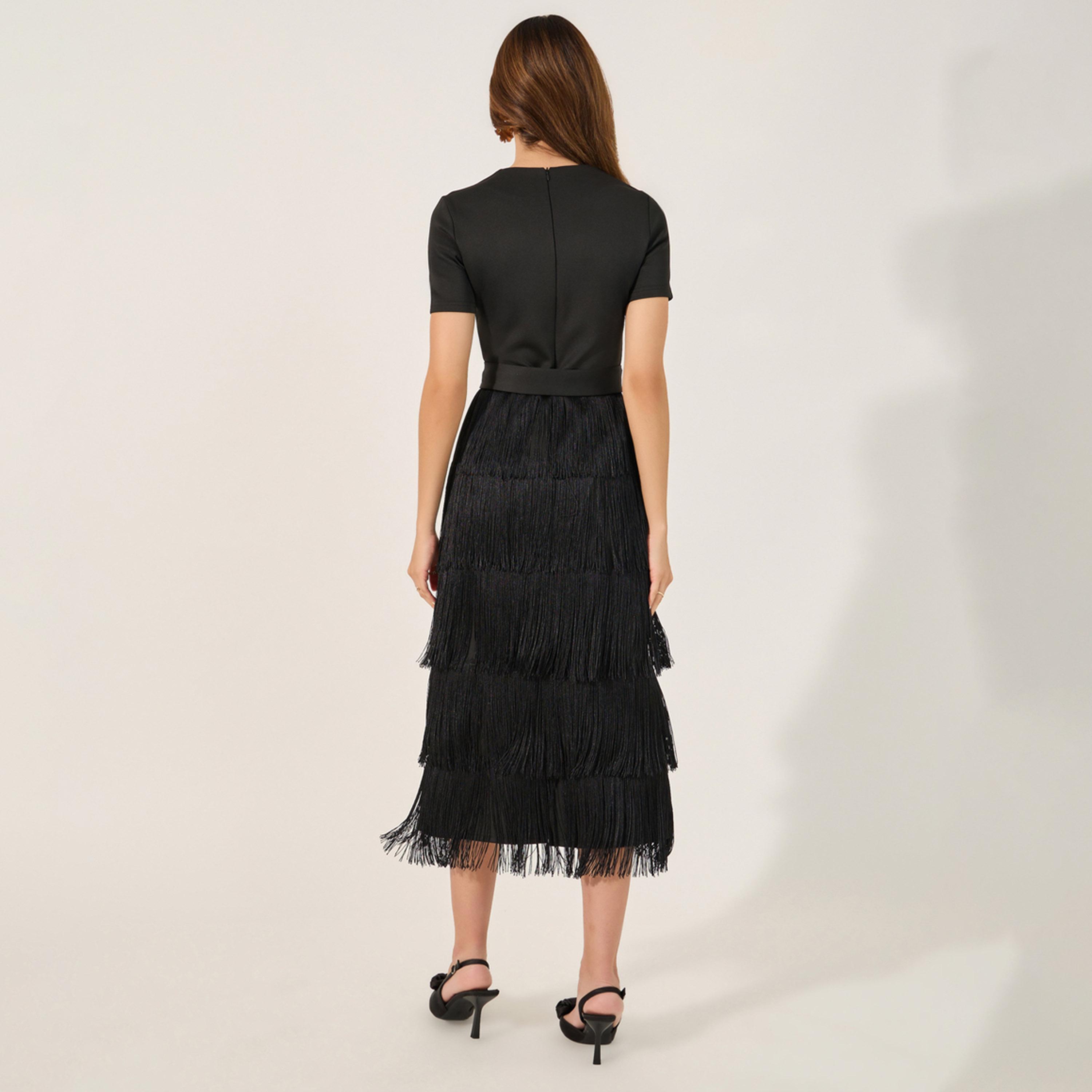 ستايلي - فستان متوسط الطول بأكمام قصيرة وحافة مزينة بشراشيب-women-clothing-dresses-image-5