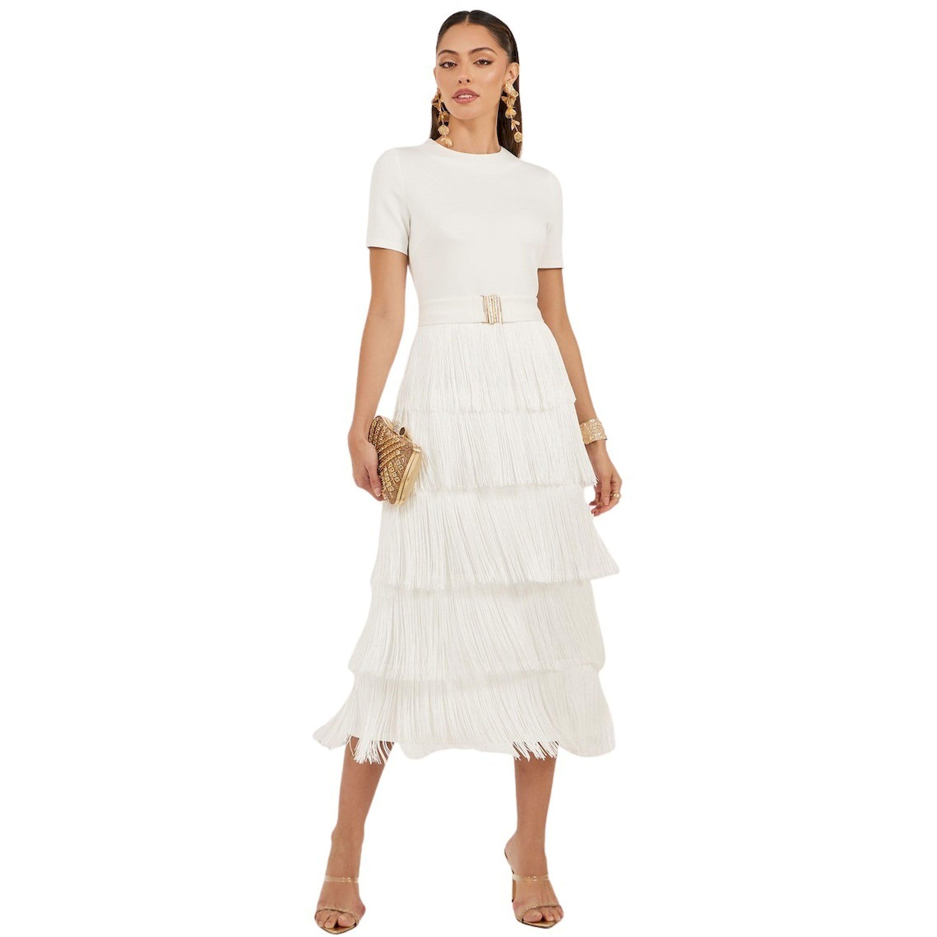 ستايلي - فستان متوسط الطول بأكمام قصيرة وحافة مزينة بشراشيب-women-clothing-dresses-image-1