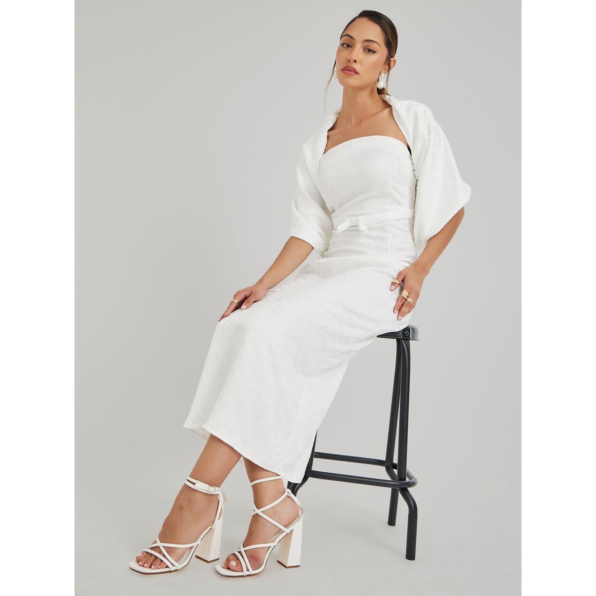 Styli  Jacquard Bardot Neck Sheath Maxi Dress with Cape Overlay-women-clothing-dresses-image-1
