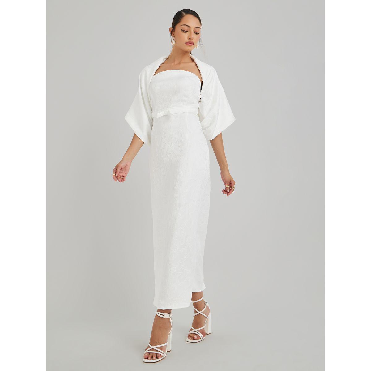 Styli  Jacquard Bardot Neck Sheath Maxi Dress with Cape Overlay-women-clothing-dresses-image-2
