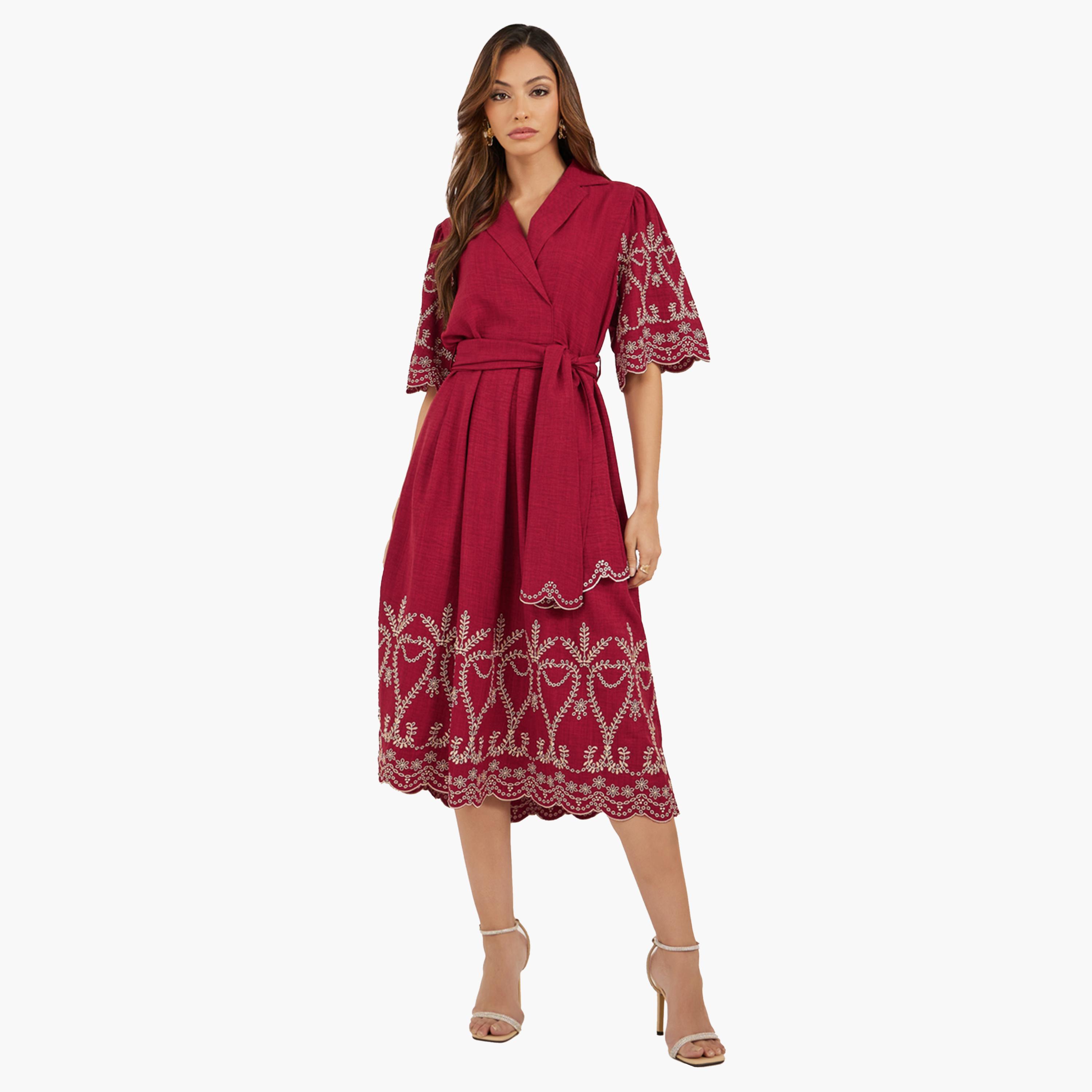 ستايلي - فستان شيفلي ميدي بأكمام واسعة وقصّة A-women-clothing-dresses-image-1