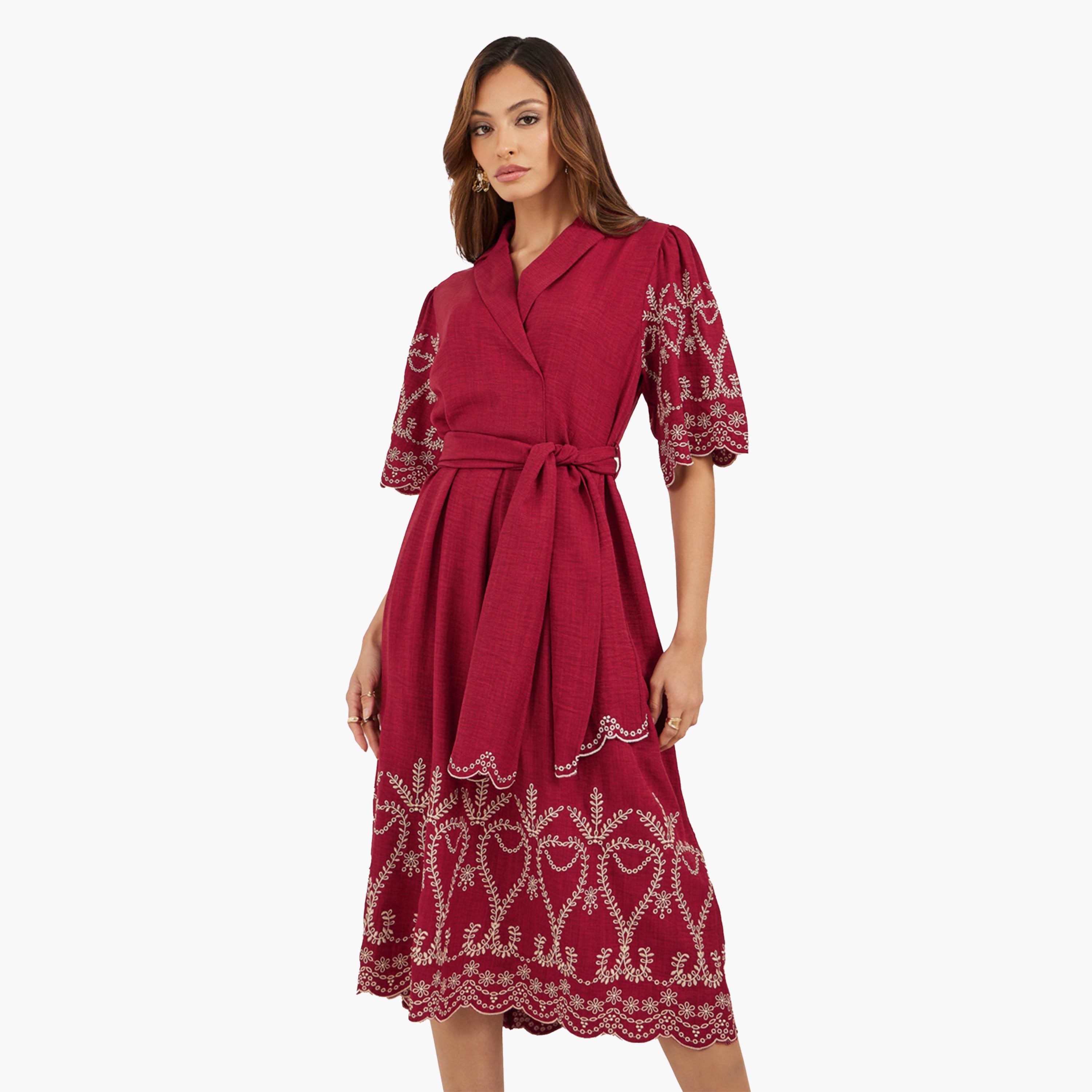 Styli Schiffli Detail Volume Sleeves A-Line Midi Dress-women-clothing-dresses-image-3