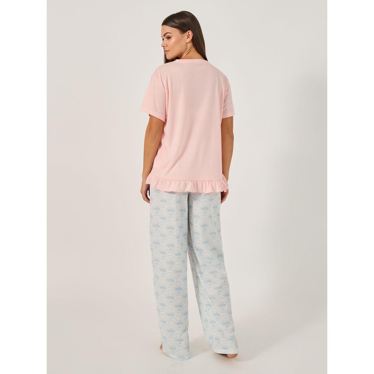 طقم بيجاما من بنطال وتيشيرت بحافة كشكش-women-clothing-nightwear-pyjamas-longsets-image-5