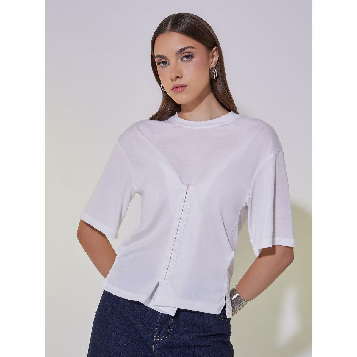 Solid Round Neck Hook and Eye Detail T-Shirt-women-clothing-tshirts-image-1
