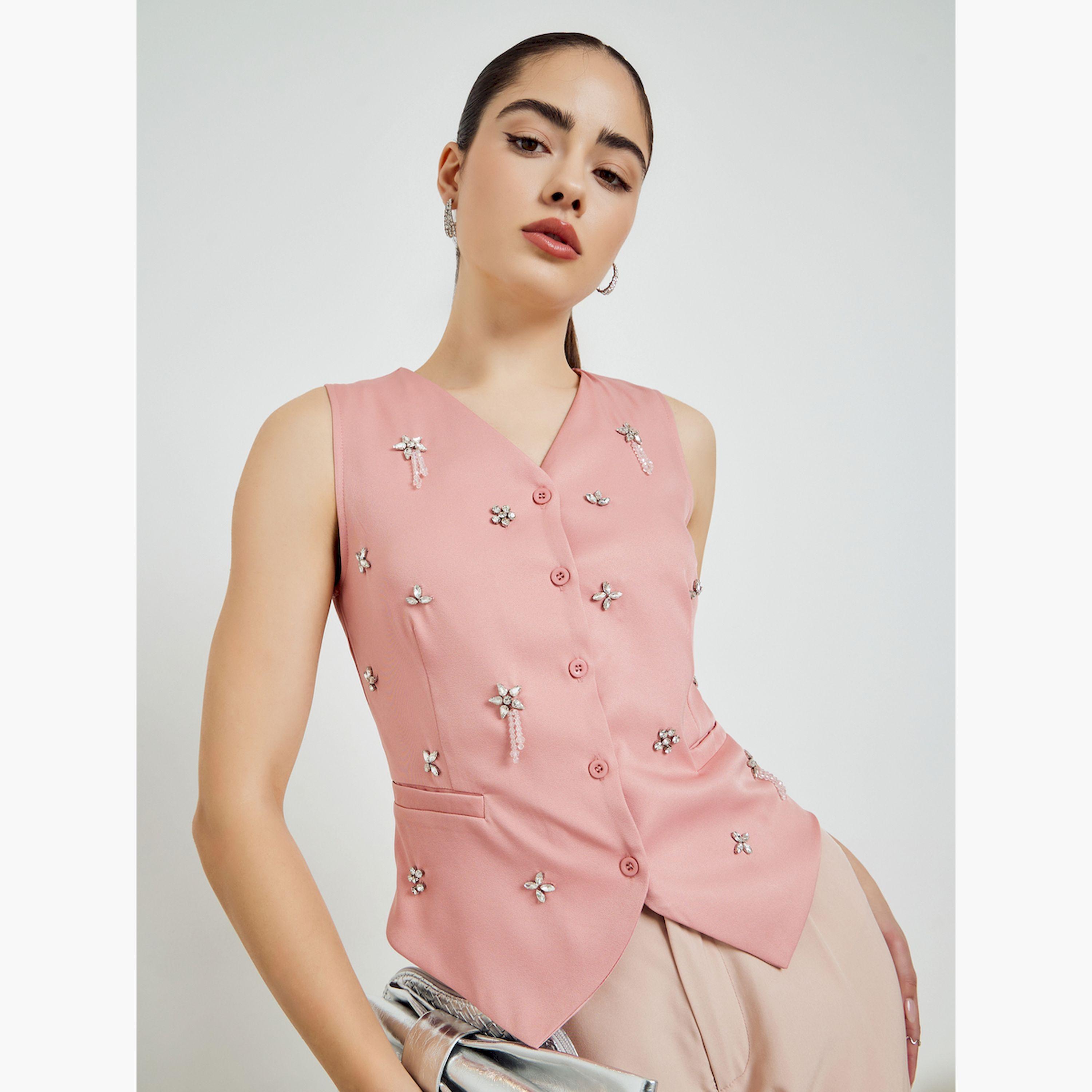 Styli Pink Embellished Sleeveless Waistcoat-women-clothing-shirtsandblouses-blouses-image-3