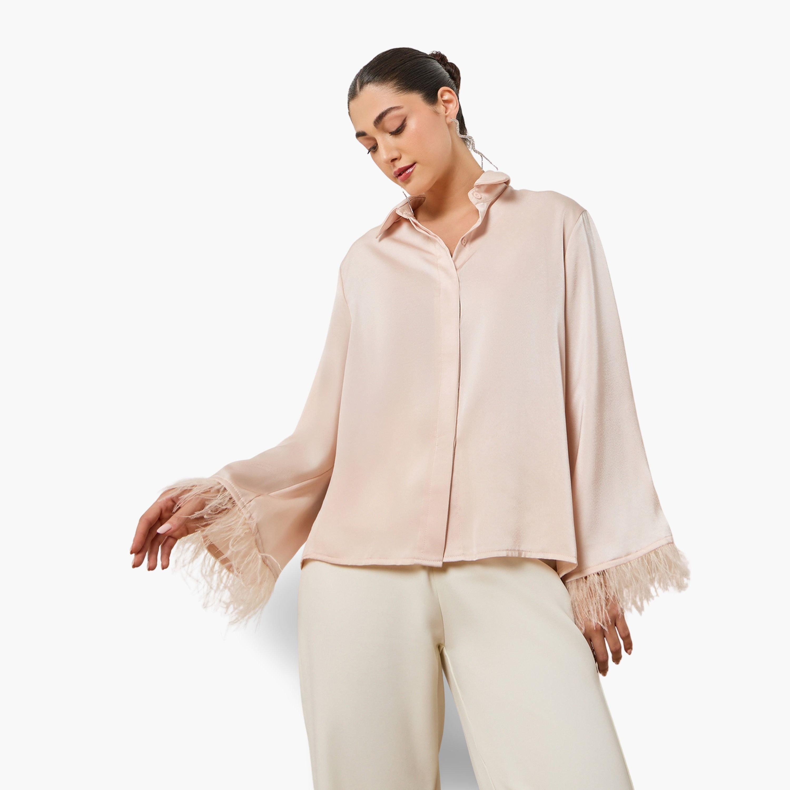 بلوزة ساتان مزين بالريش لون كريمي-women-clothing-shirtsandblouses-blouses-image-1