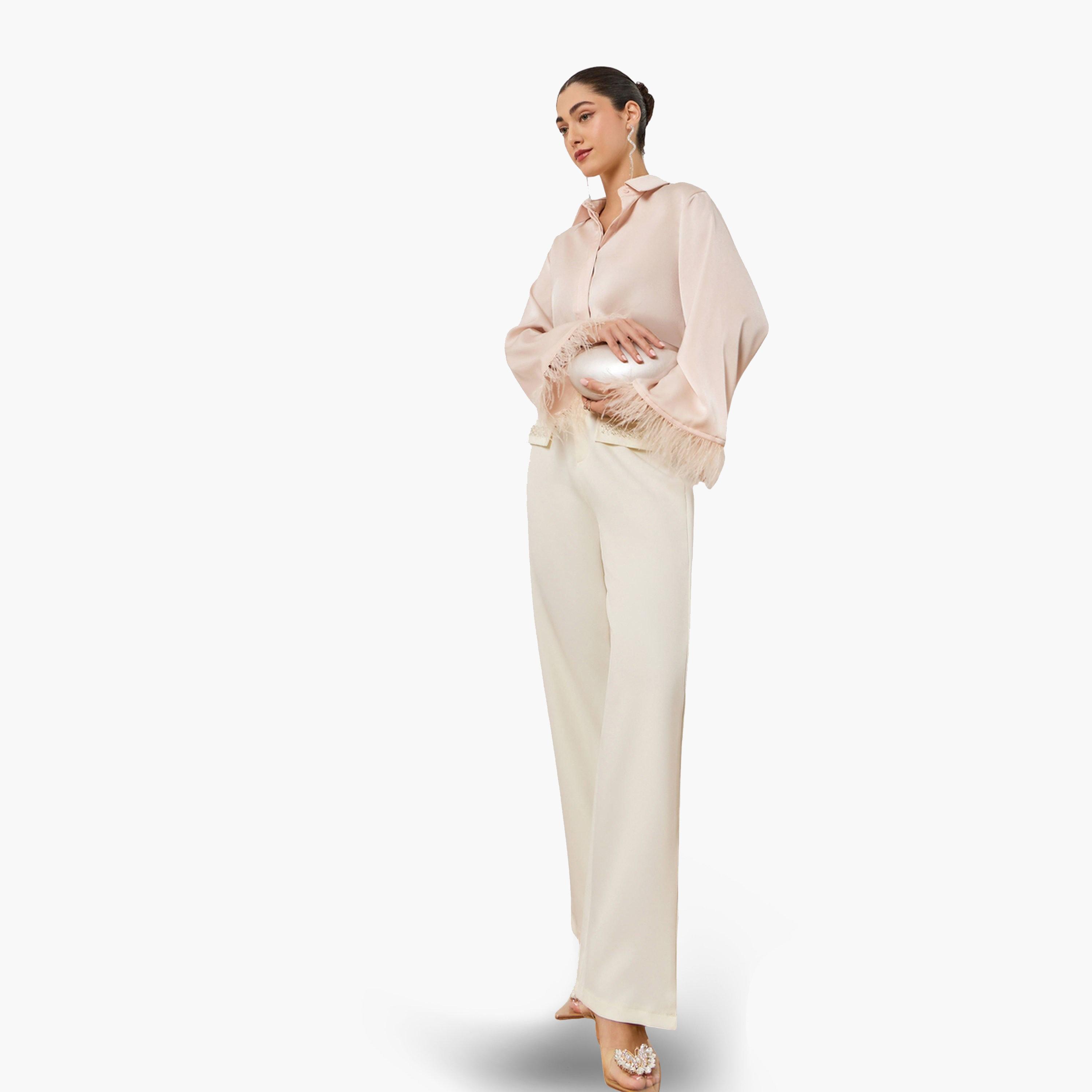 بلوزة ساتان مزين بالريش لون كريمي-women-clothing-shirtsandblouses-blouses-image-2