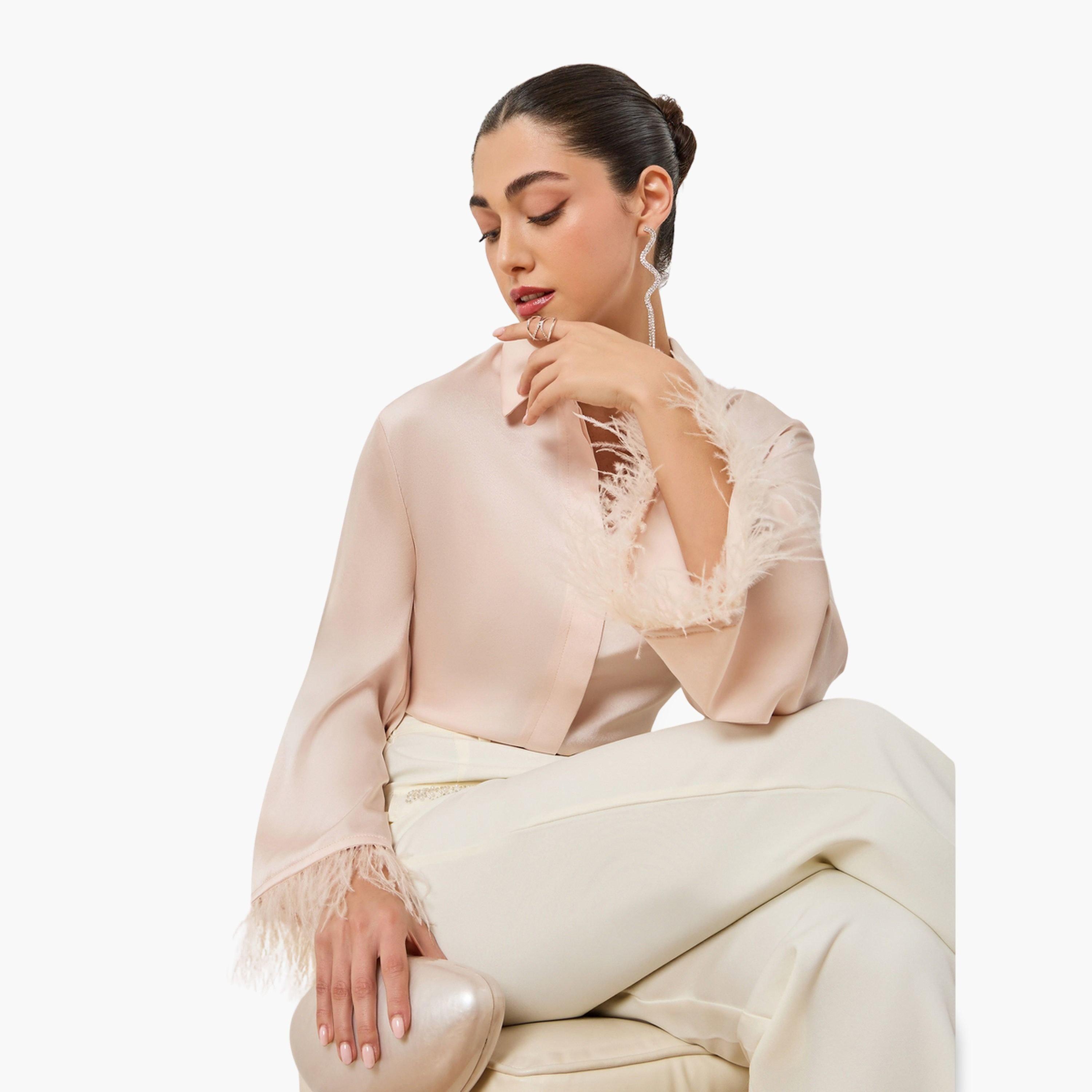 Styli Women Cream Satin Shirt with Feathered Trims-women-clothing-shirtsandblouses-blouses-image-3