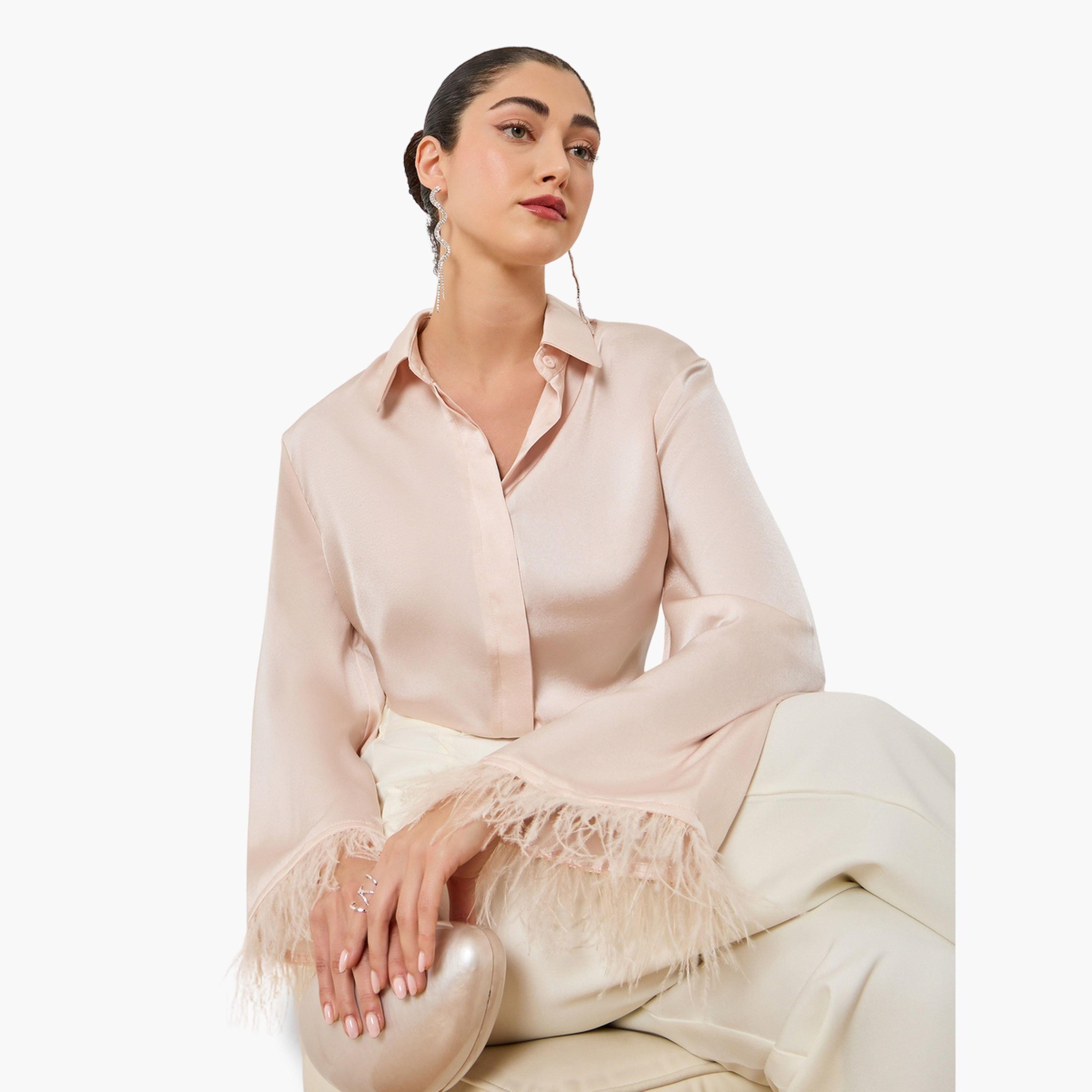 بلوزة ساتان مزين بالريش لون كريمي-women-clothing-shirtsandblouses-blouses-image-4